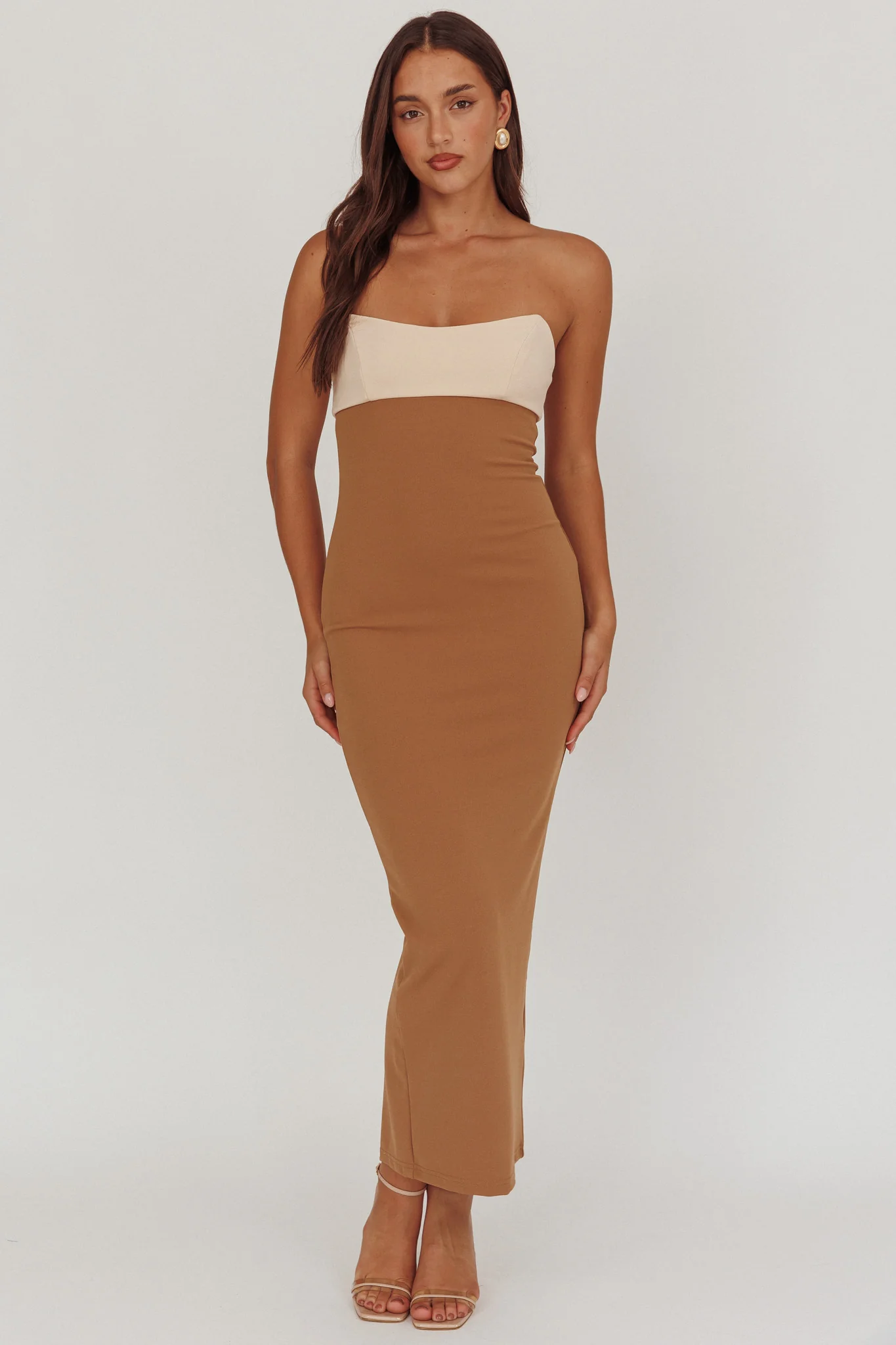 Regent Strapless Maxi Dress Contrast Camel - luluinthesky