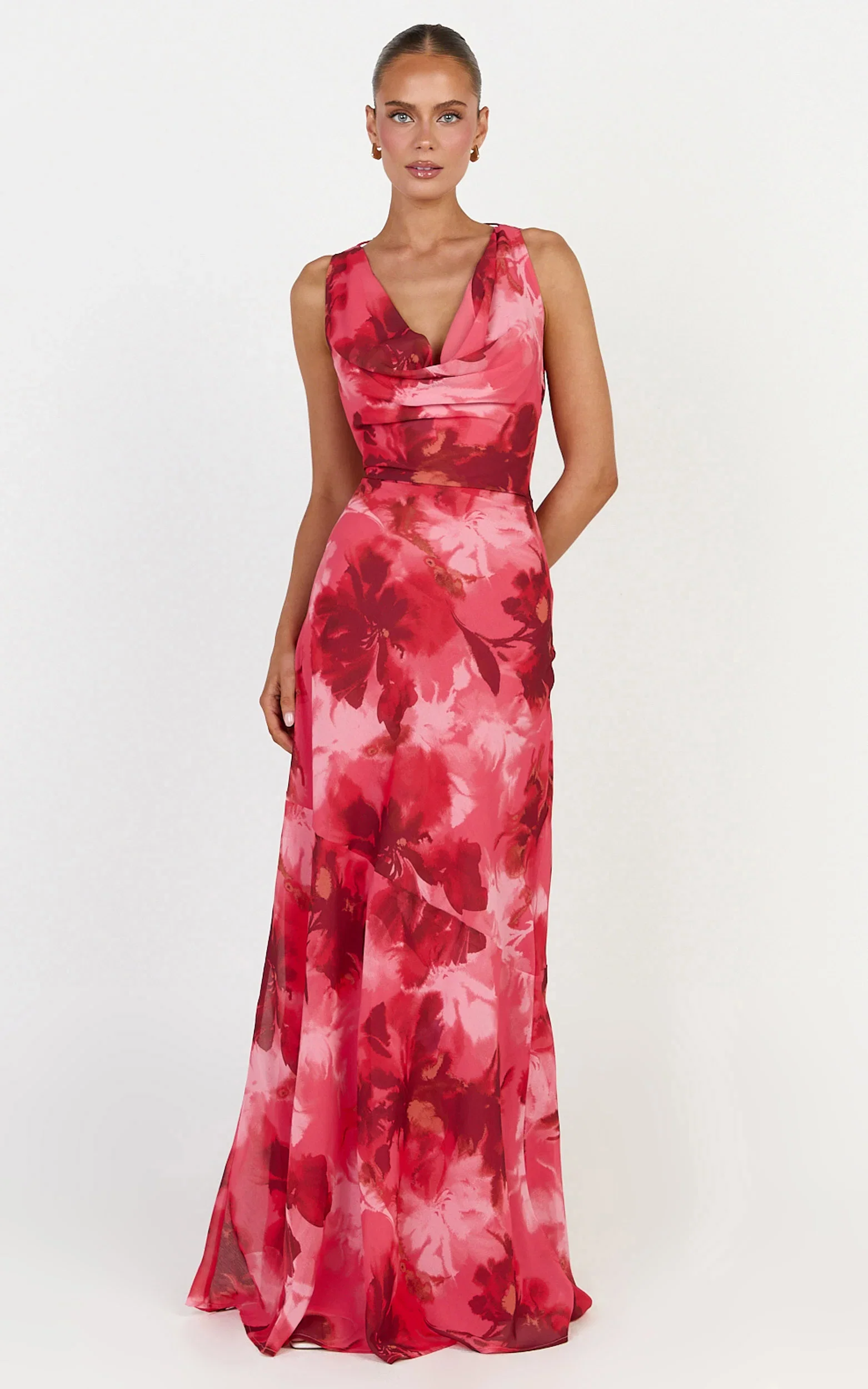 Maila Maxi Dress - Draped Cowl Neckline Dress in Maila Red Floral Print