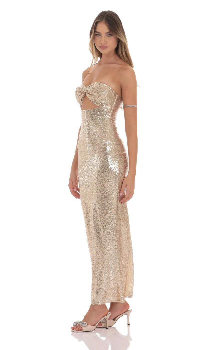 Sequin Bow Cutout Maxi Dress in Gold - luluinthesky