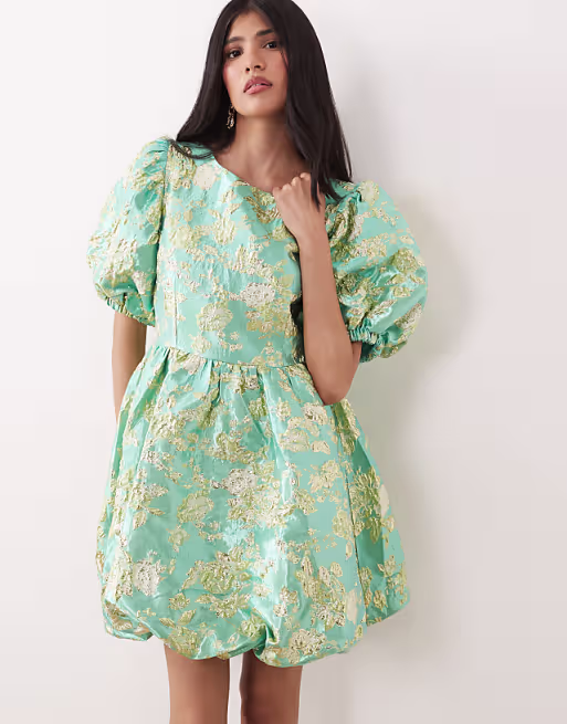 Sister Jane jacquard puff sleeve bubble hem mini dress in pistachio floral
