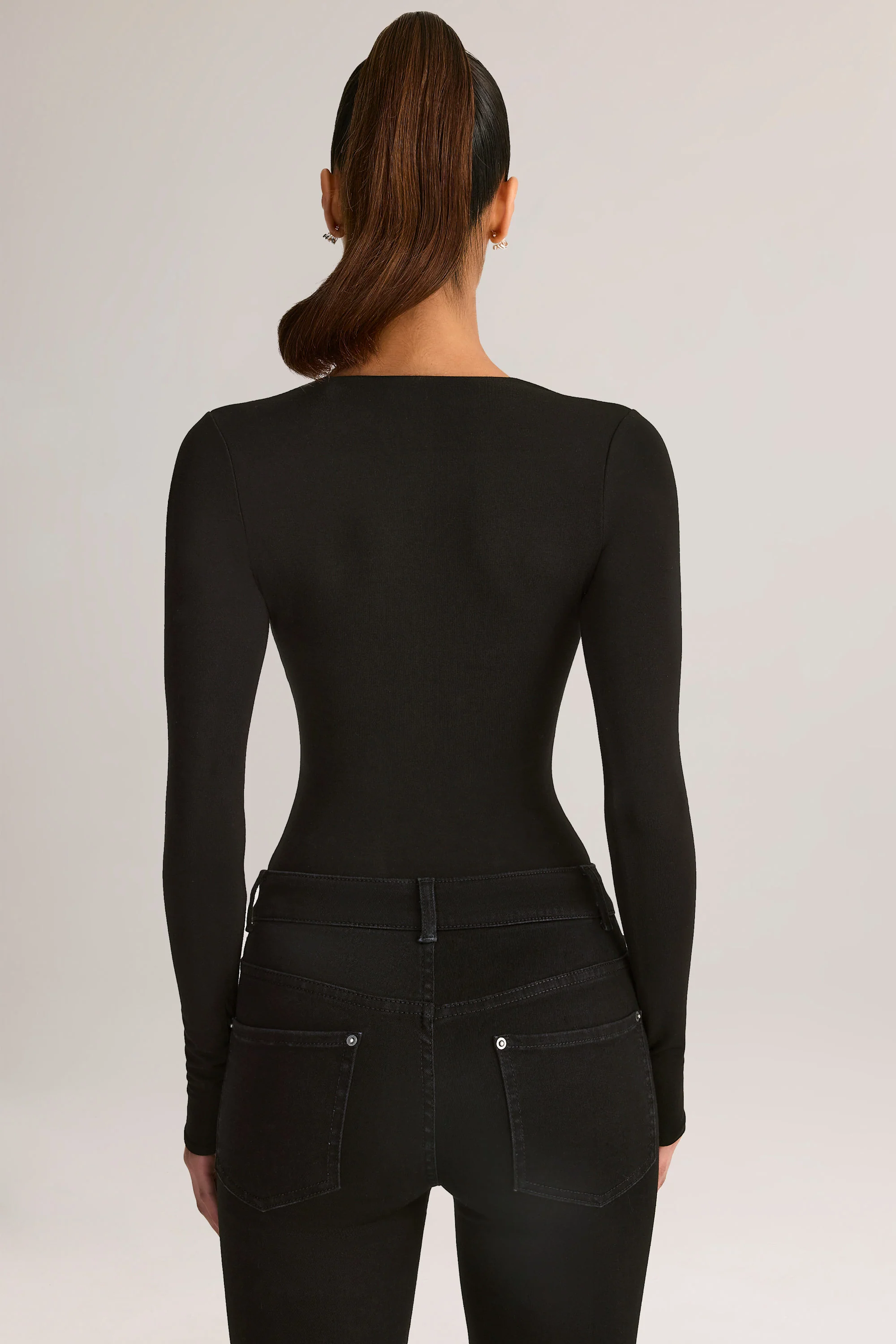 Modal Plunge Long-Sleeve Bodysuit in Black