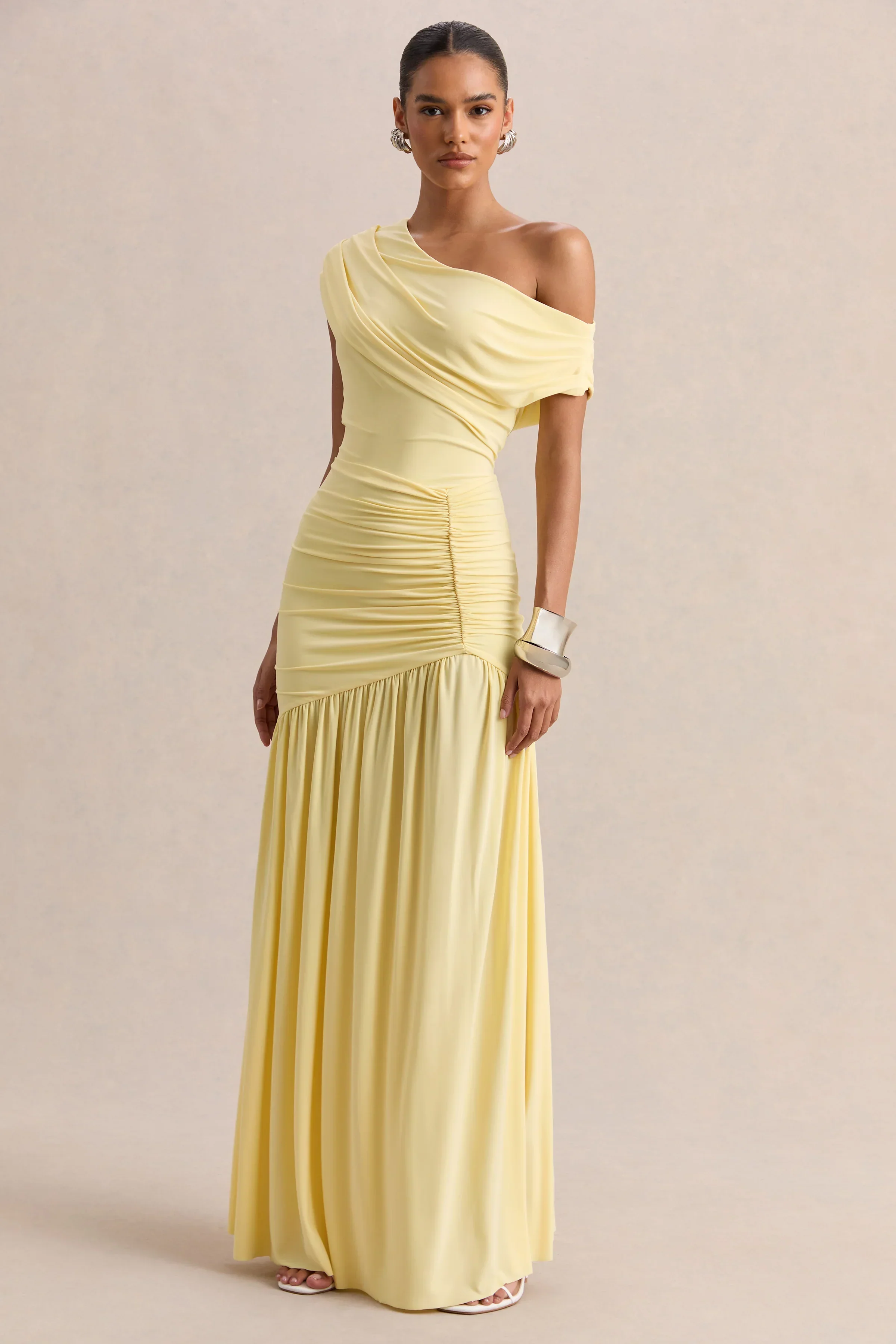 Kady | Lemon Asymmetric-Neck Maxi Dress With Ruched Detailing