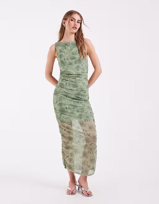 PIECES ruched midi dress in sage green floral print