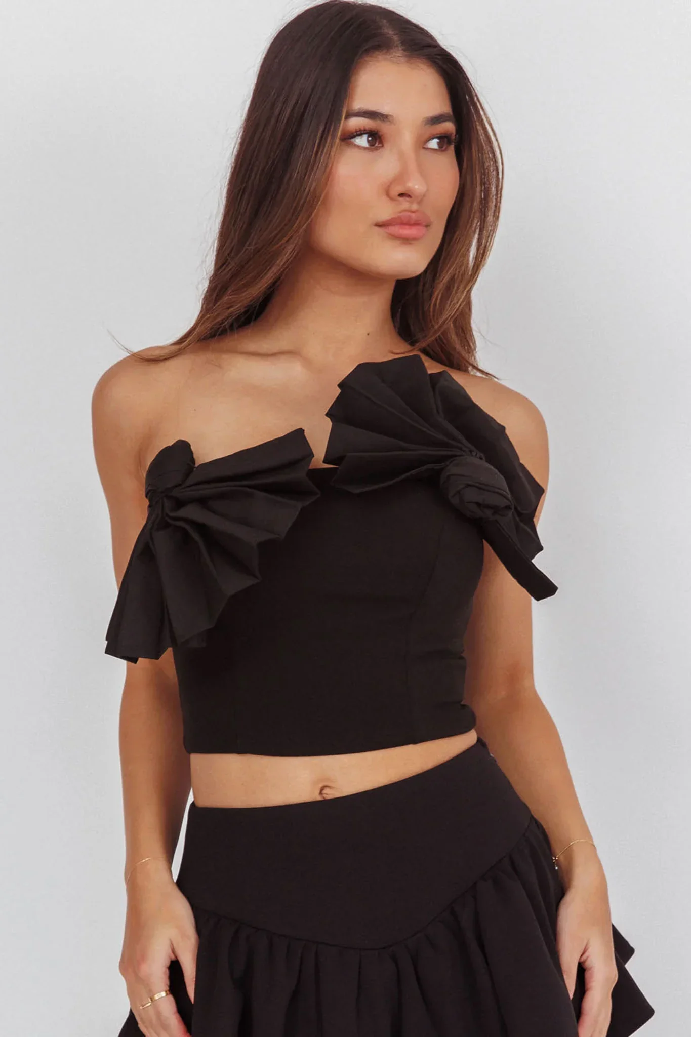 Deisi Concertina Strapless Crop Top Black - FASHION NOB