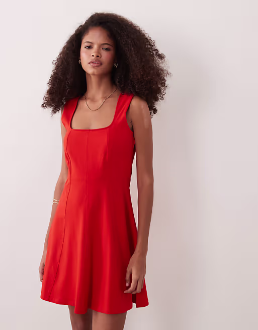 square neck seam detailing mini dress in red