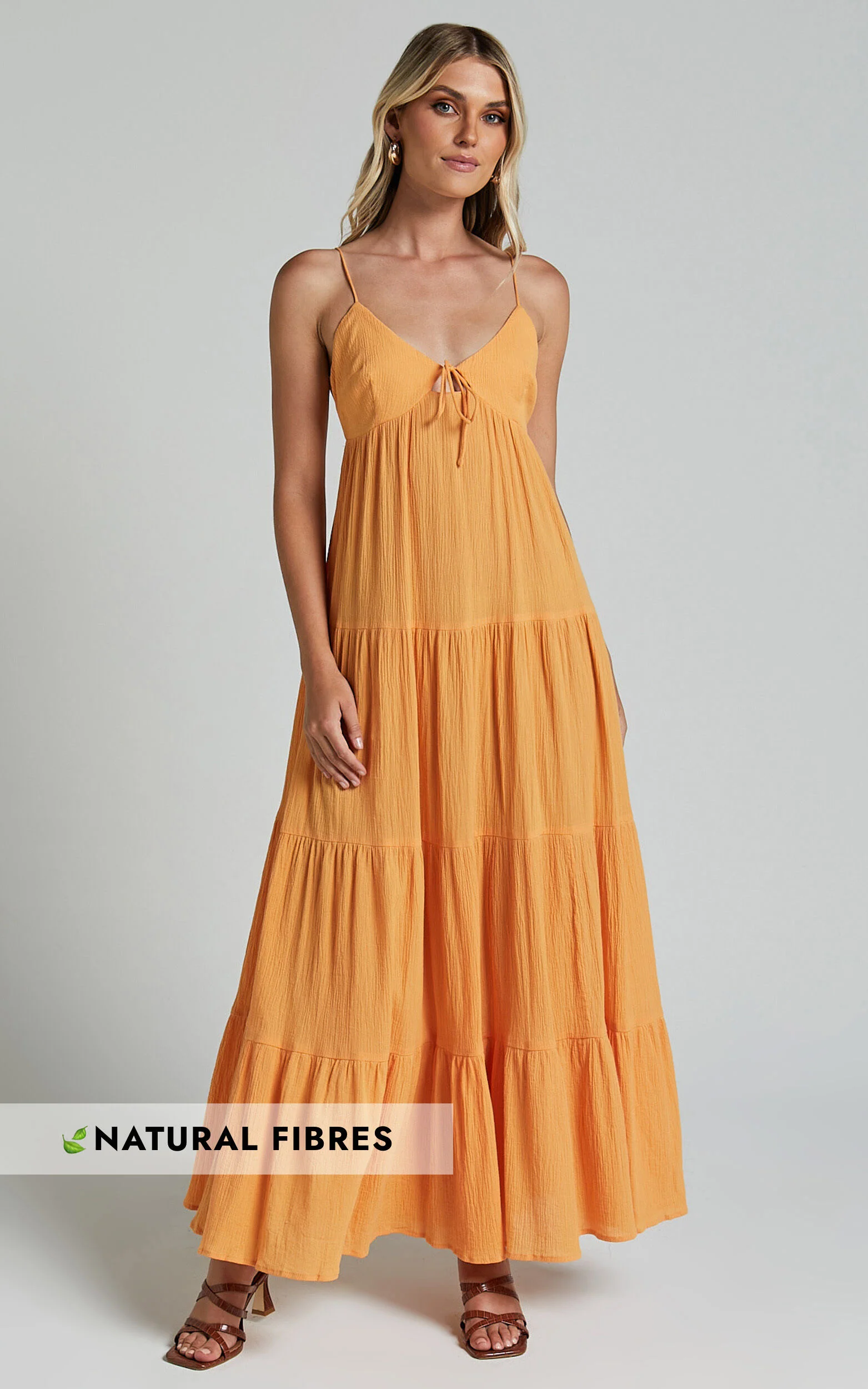 Chila Maxi Dress - Strappy Tie Front Low Back Tiered in Papaya Orange