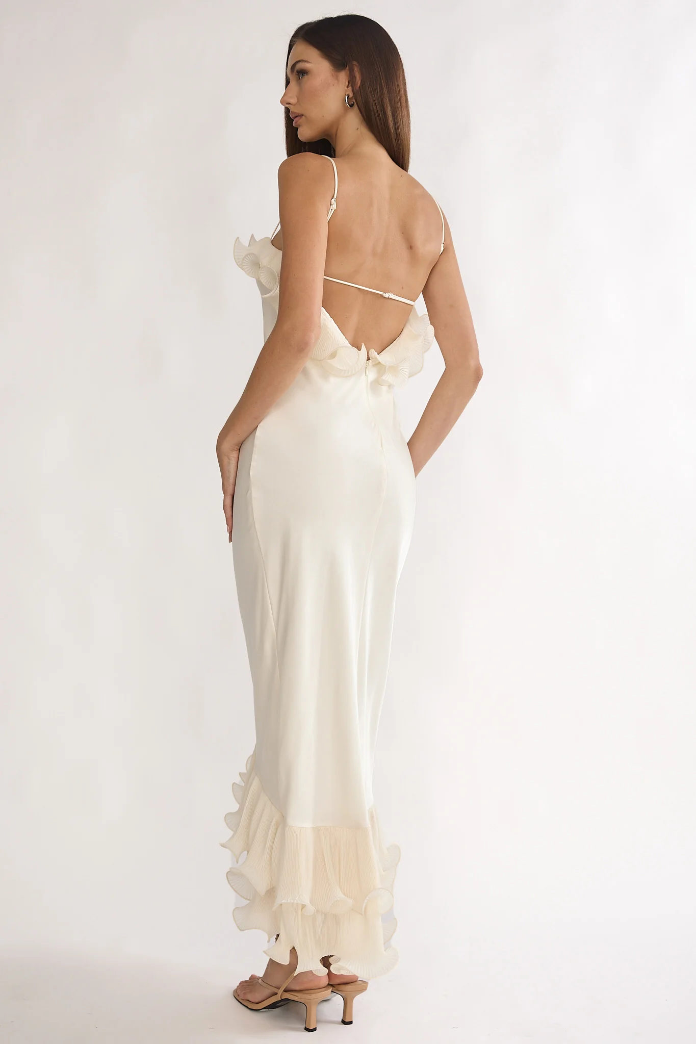 Okay, Cupid Low Back Ruffle Trim Maxi Dress Oyster - luluinthesky