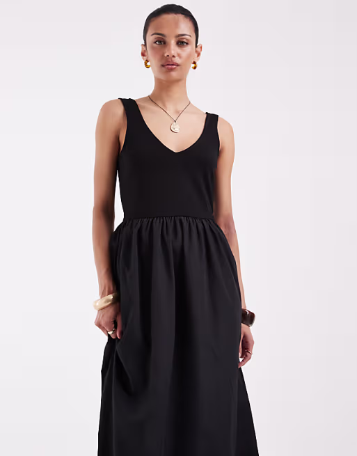 Vero Moda jersey and poplin mix sleeveless maxi dress in black