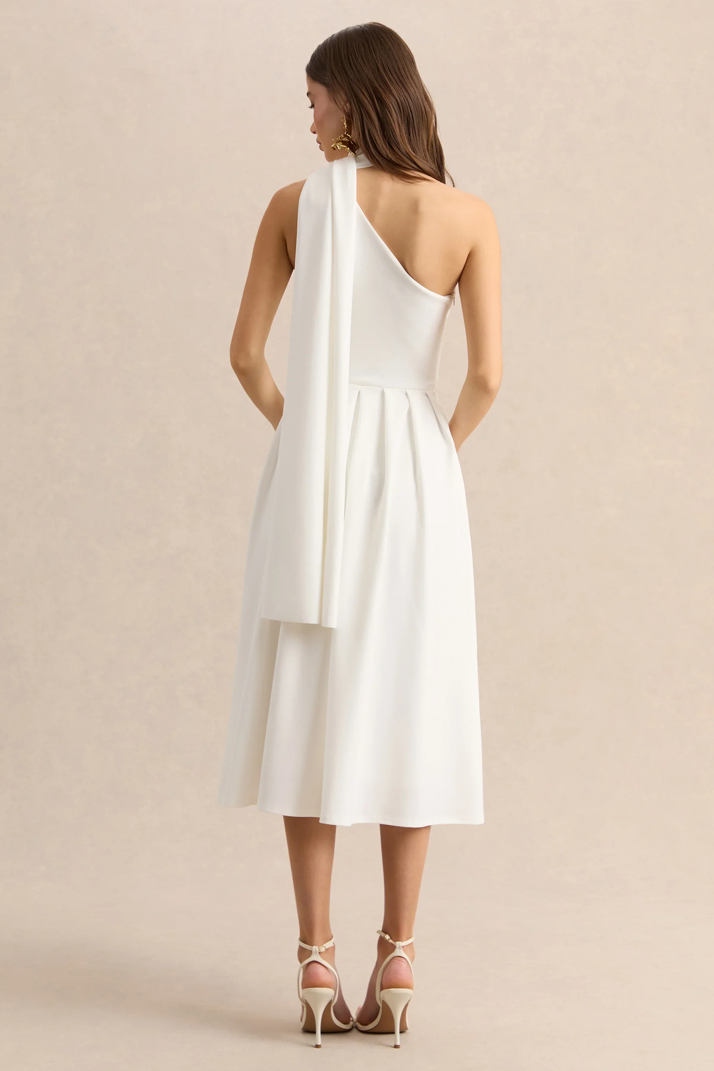 Odette | White Asymmetric-Neck Midi Dress With Scarf