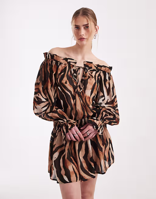 Aray sheer off the shoulder mini beach dress in animal print
