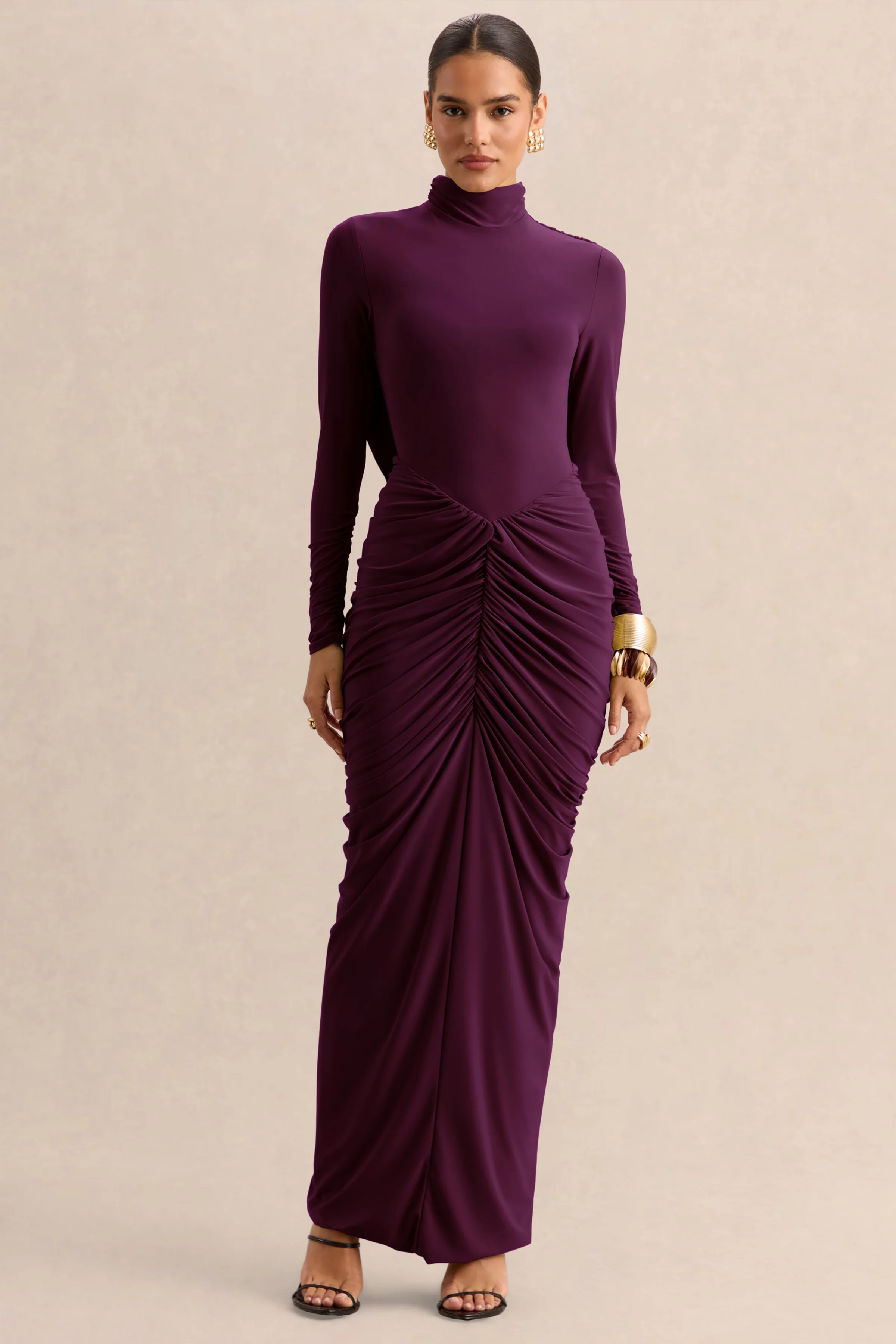 Harmona | Dark Plum High-Neck Maxi Dress With Gathered And Draped-Detailing