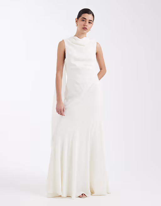 Six Stories Bridesmaid crepe high cowl neck maxi dress in Ivory