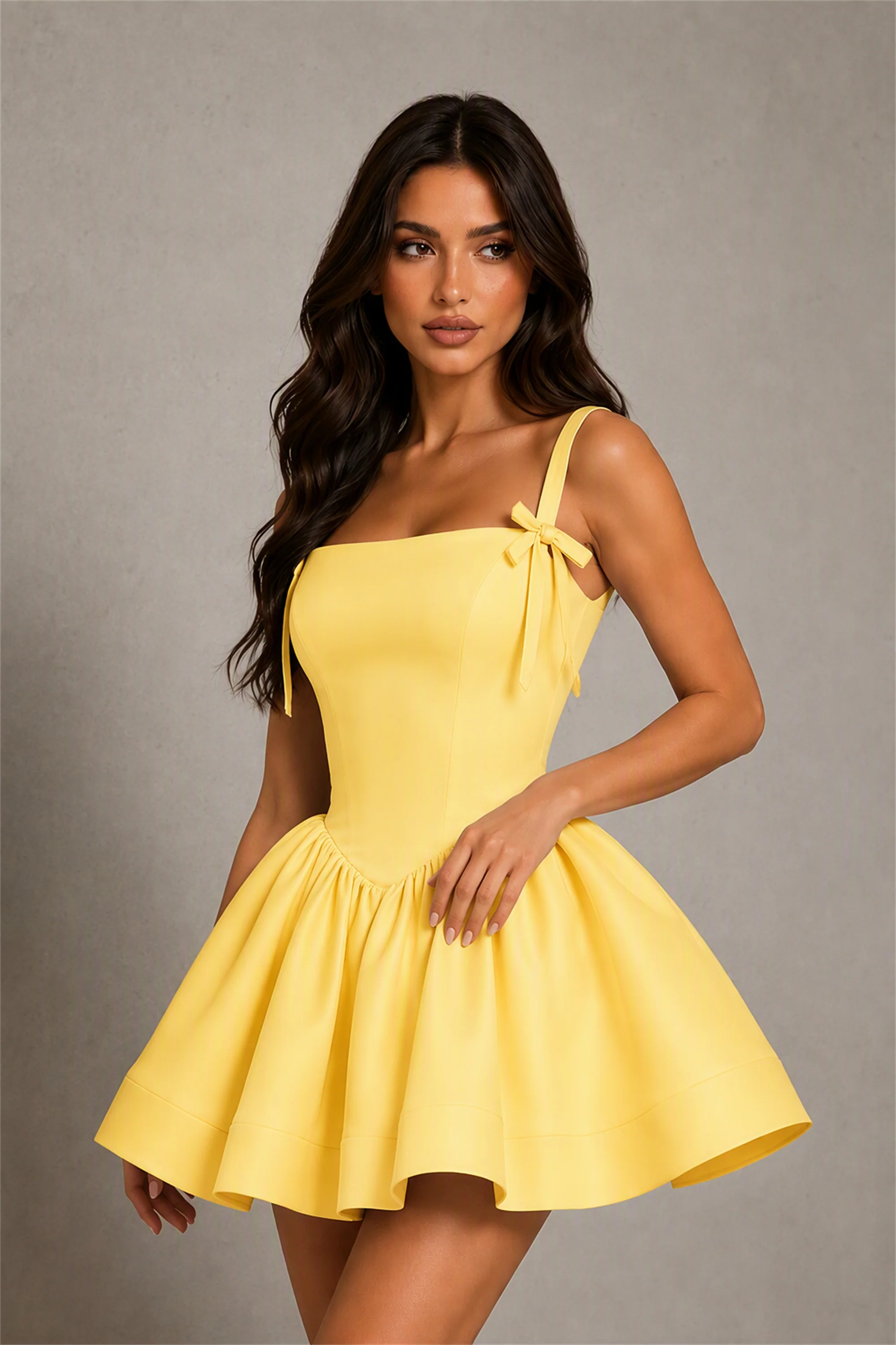 BOLODOO Baby Yellow Satin Square Neck Bow Strap Lace-Up Back Bubble Mini Dress | Cocktail Party Date Night Dress