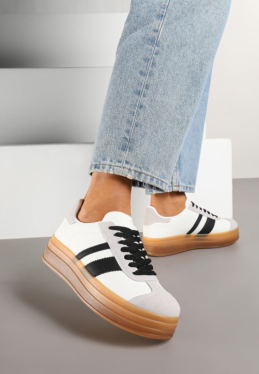 Biało-Czarne Sneakersy na Płaskiej Podeszwie z Ozdobnymi Paskami Velali