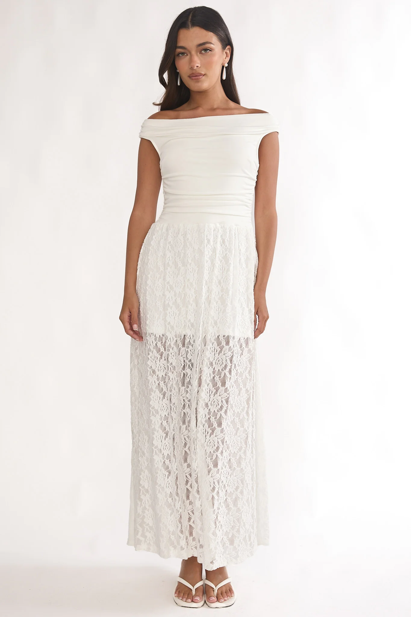 In Blooms Off-Shoulder Lace Maxi Dress White - luluinthesky