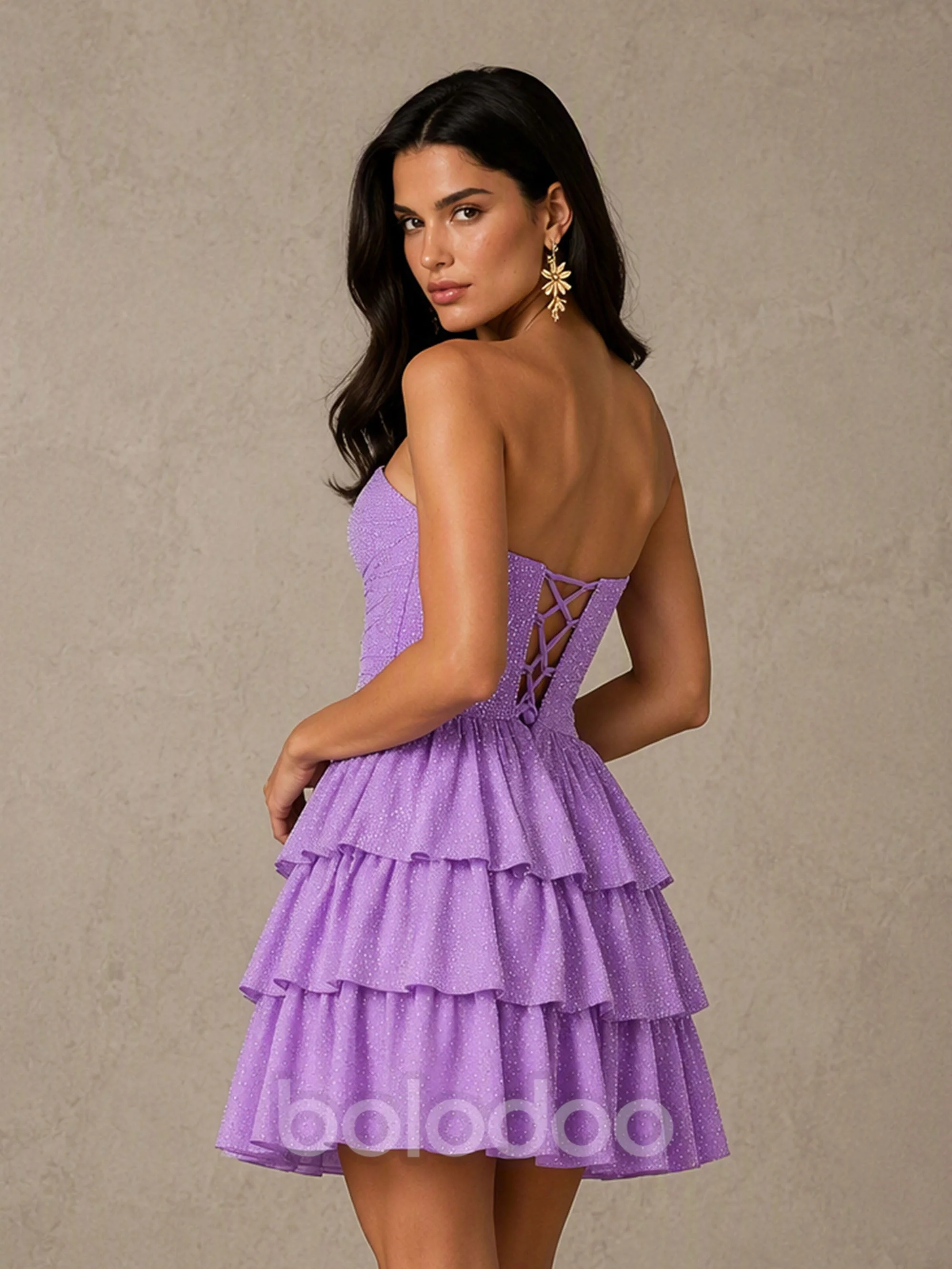 BOLODOO Lavender Strapless Sweetheart Cutout Glitter Tiered Ruffle Mini Dress | Lace-Up Back Corset