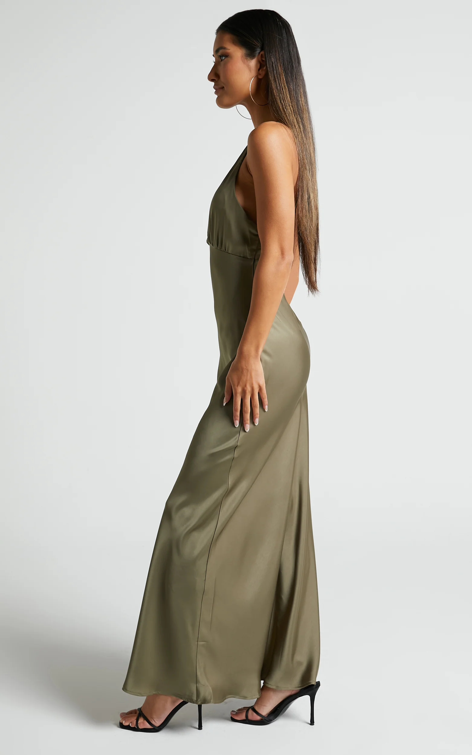 Khalani Midi Dress - Deep V Neck Satin Slip Dress in Dark Olive