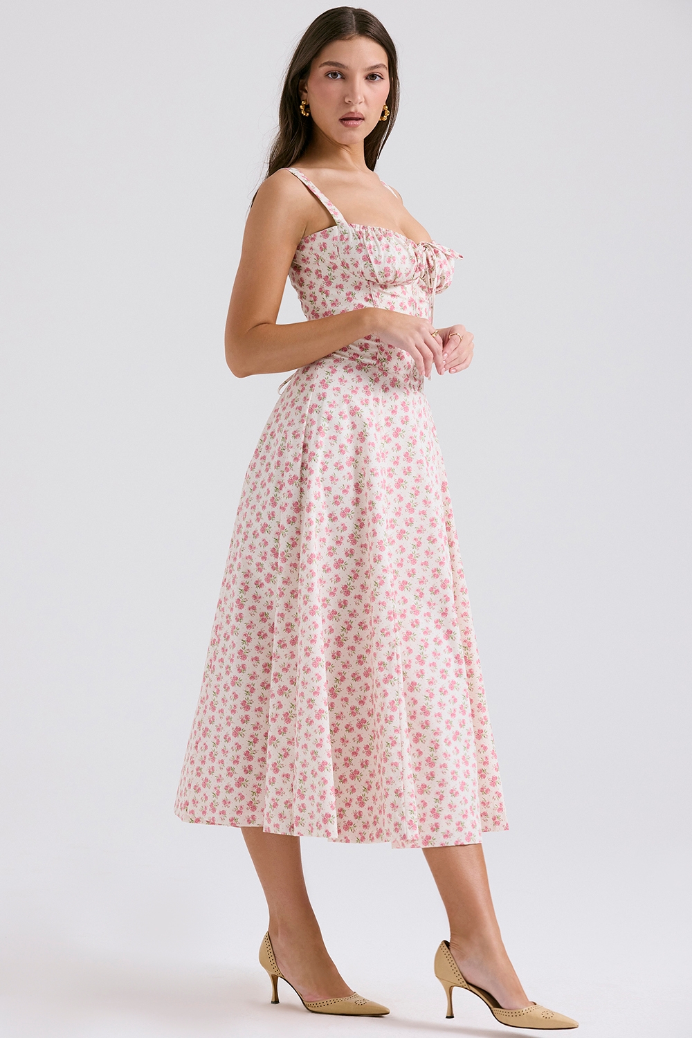 White Rosebud Print Cotton Bustier Sundress
