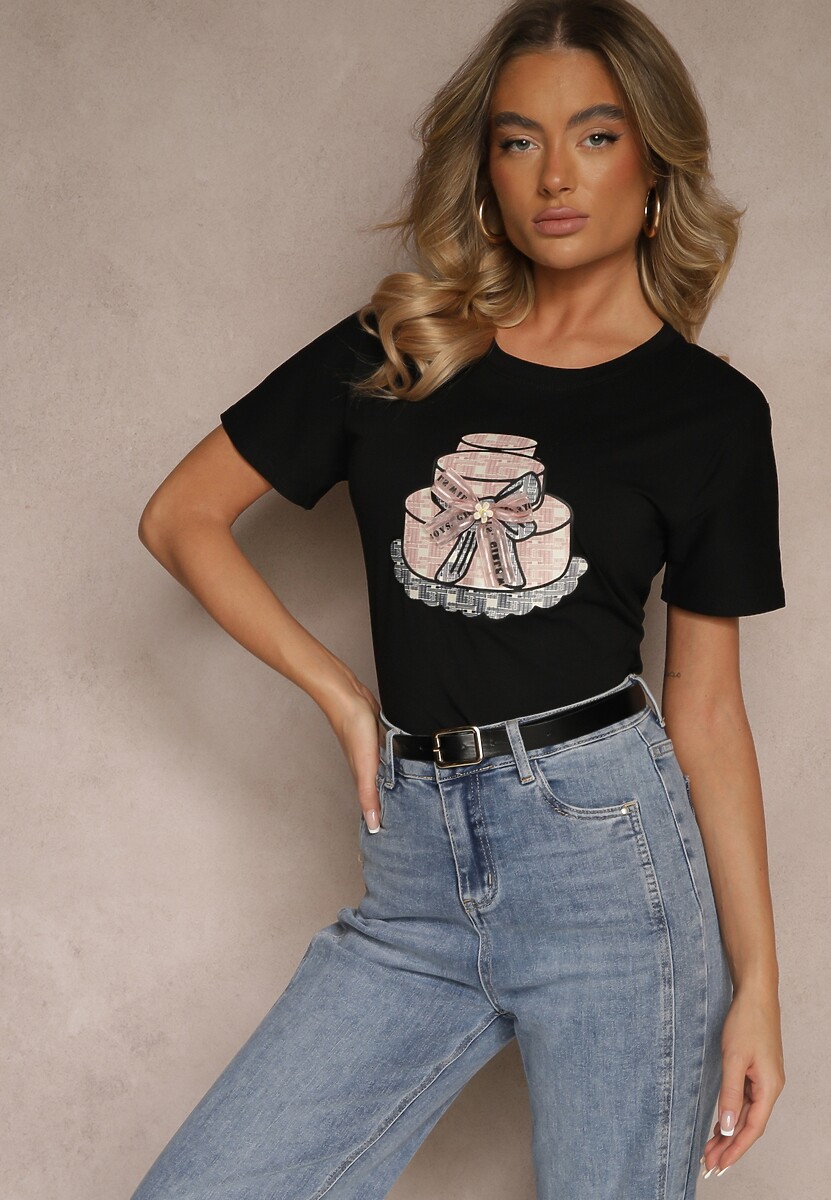 Czarny Bawełniany T-shirt z Kokardą 3D i Nadrukiem Tortu Sanaviela