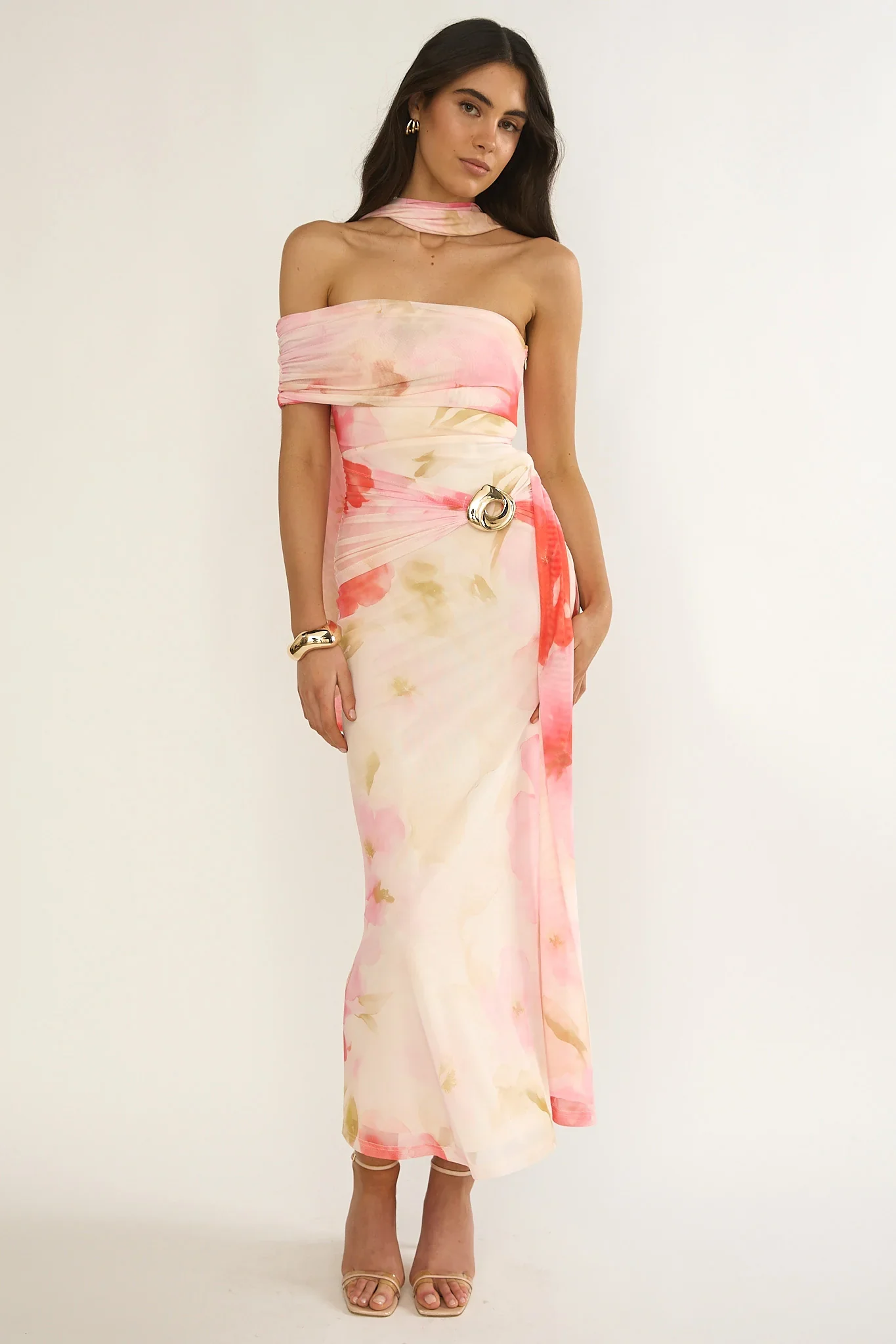 Carrisa One-Sleeve Maxi Dress Floral Pink