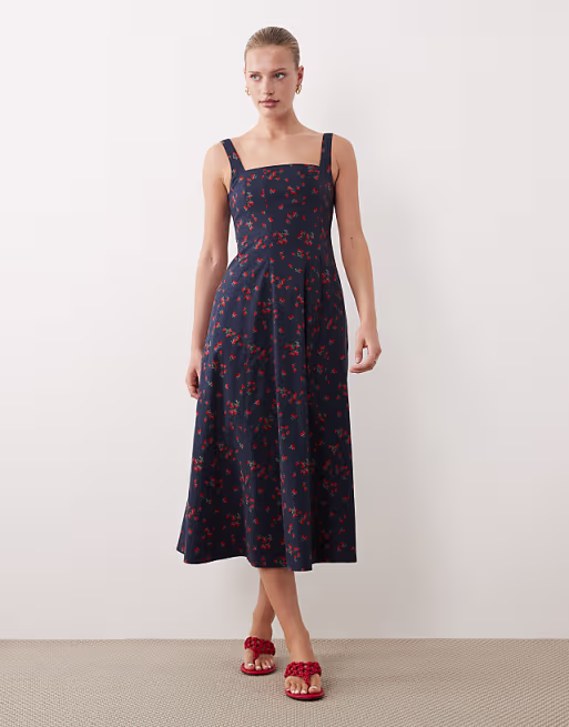 Abercrombie & Fitch sleeveless midi dress with godet hem in red and navy floral print