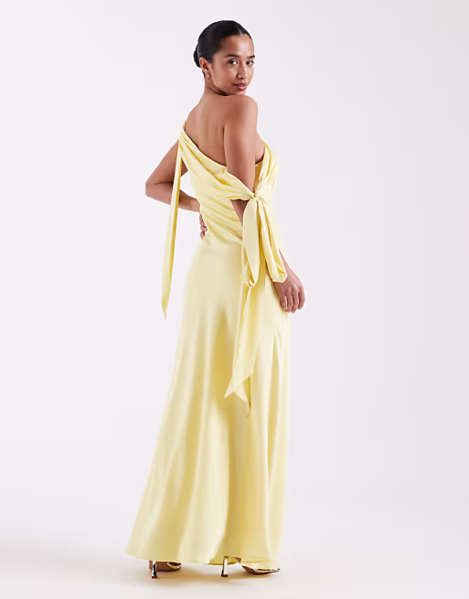TFNC Petite Bridesmaids fallen shoulder satin maxi dress in yellow