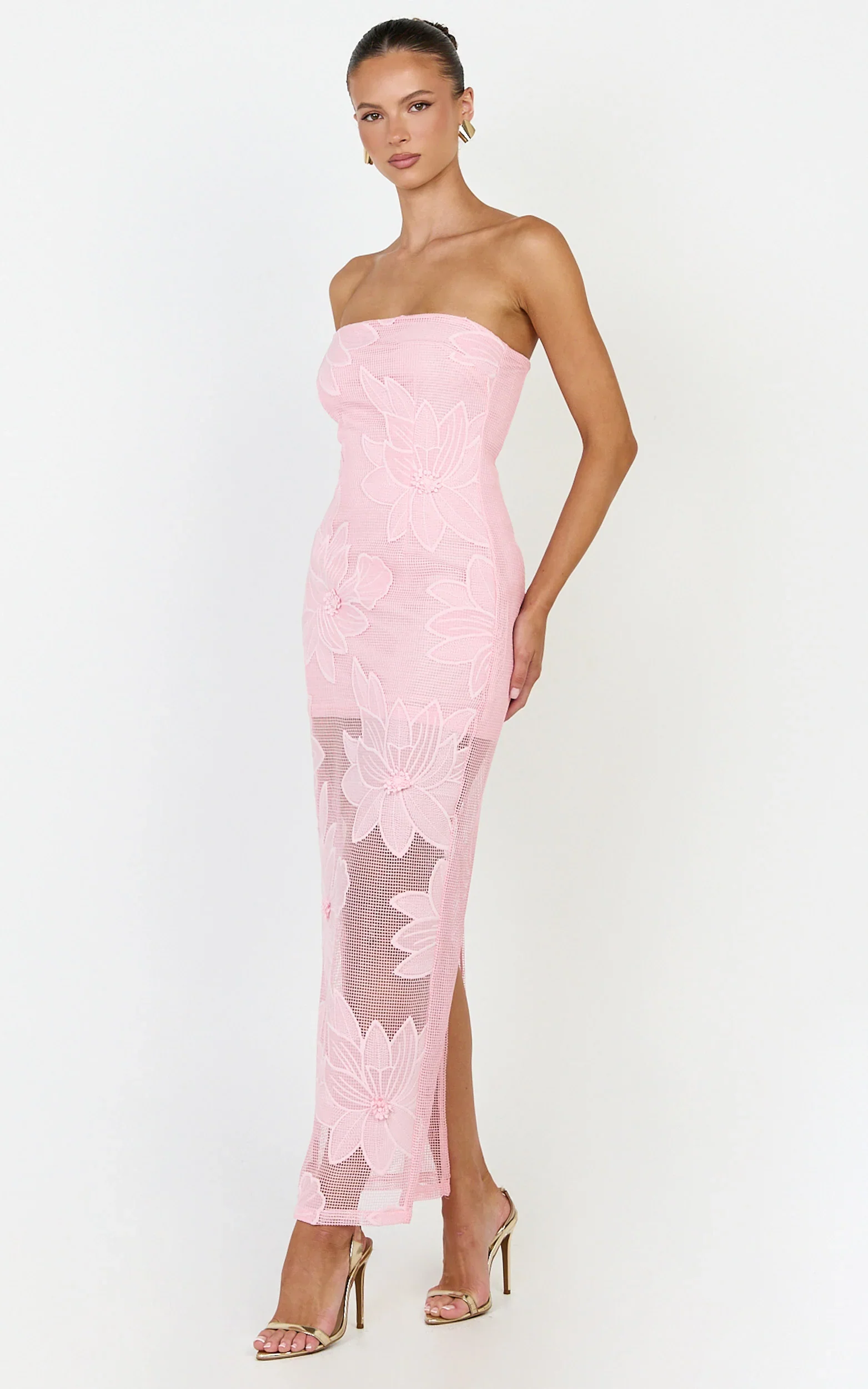 Sienna Midi Dress - Strapless Floral Embroidered Bodycon Dress in Pink