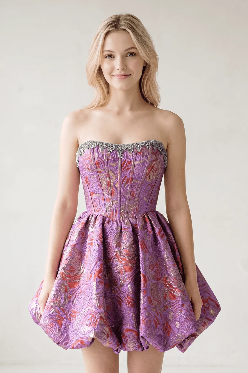 Lilac Strapless Corset Jacquard A-Line Ruched Homecoming Dress with Beading