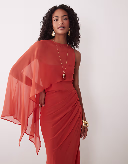 draped batwing asymmetric one sleeve maxi dress in orange