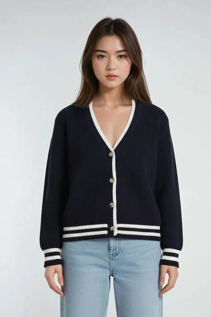 Oversized Contrast-Trim Ribbed Cardigan