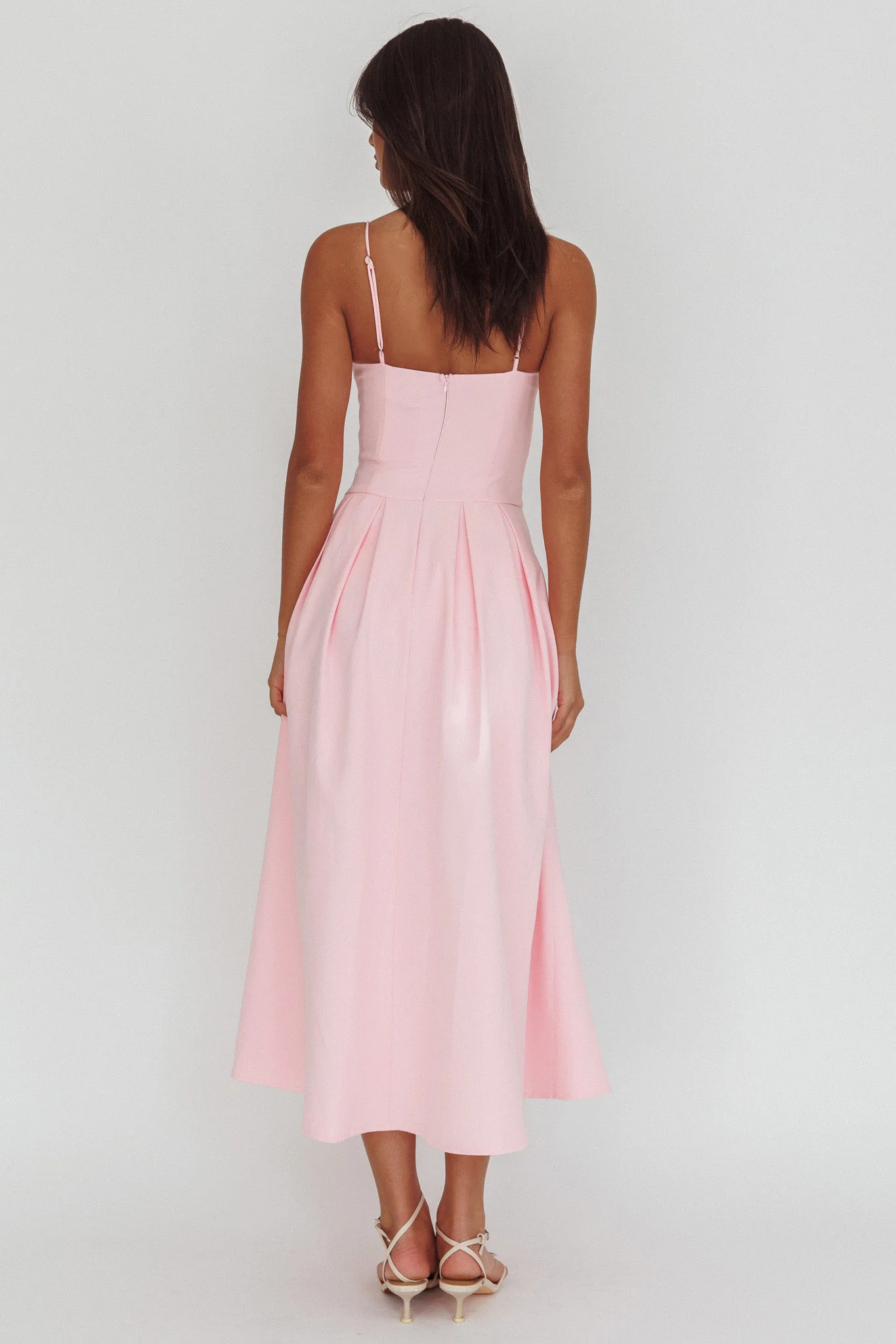 Kearsy Box Pleat Sweetheart Neckline Midi Dress Pink