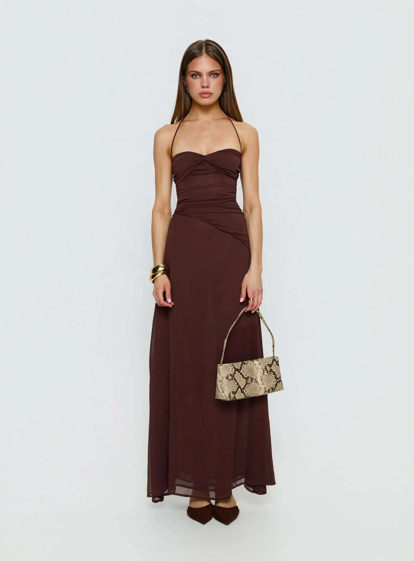 Kaemila Halter Chiffon Maxi Dress Brown - luluinthesky