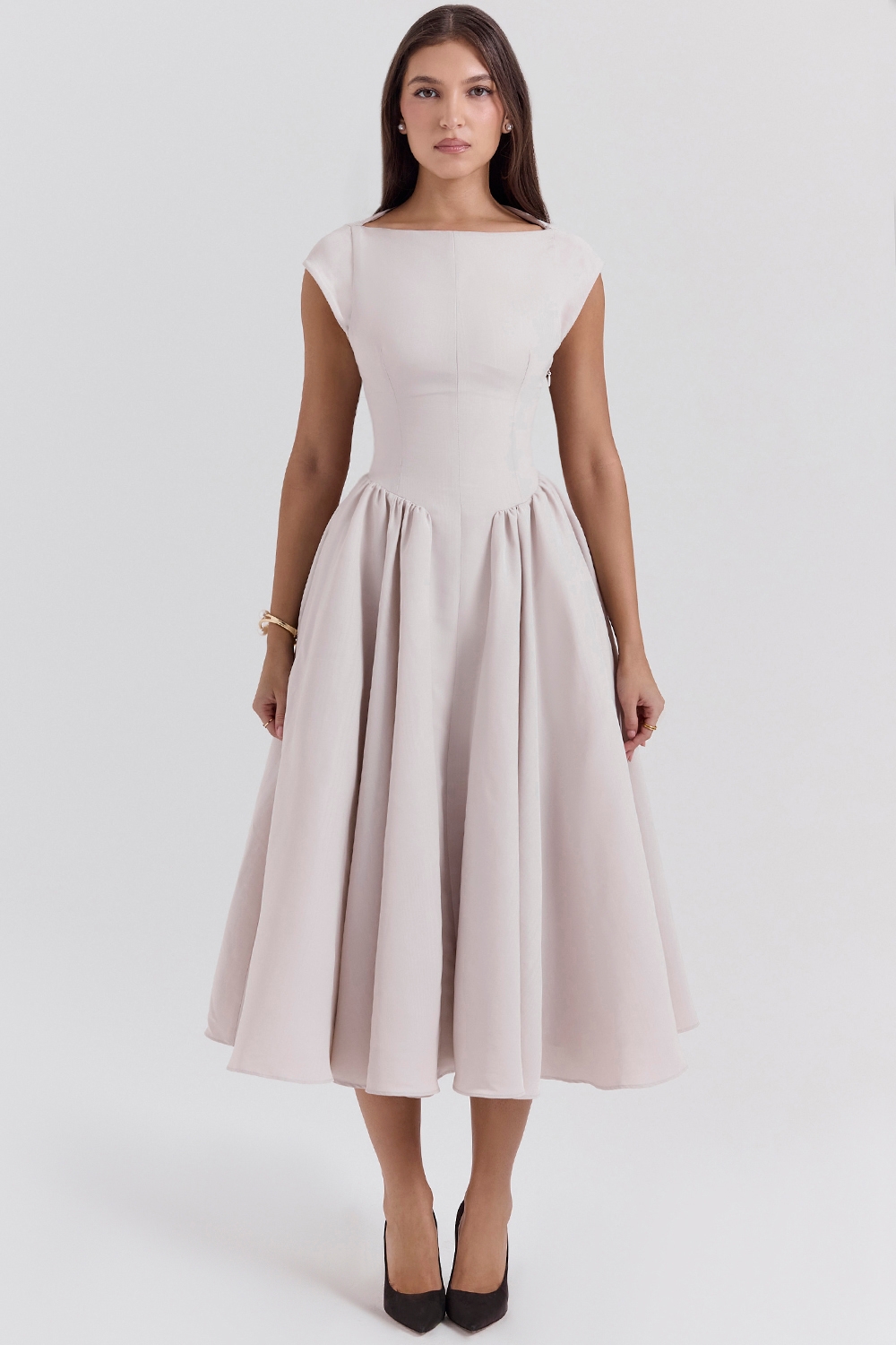 French Dove Moire Satin Backless Midi Dress