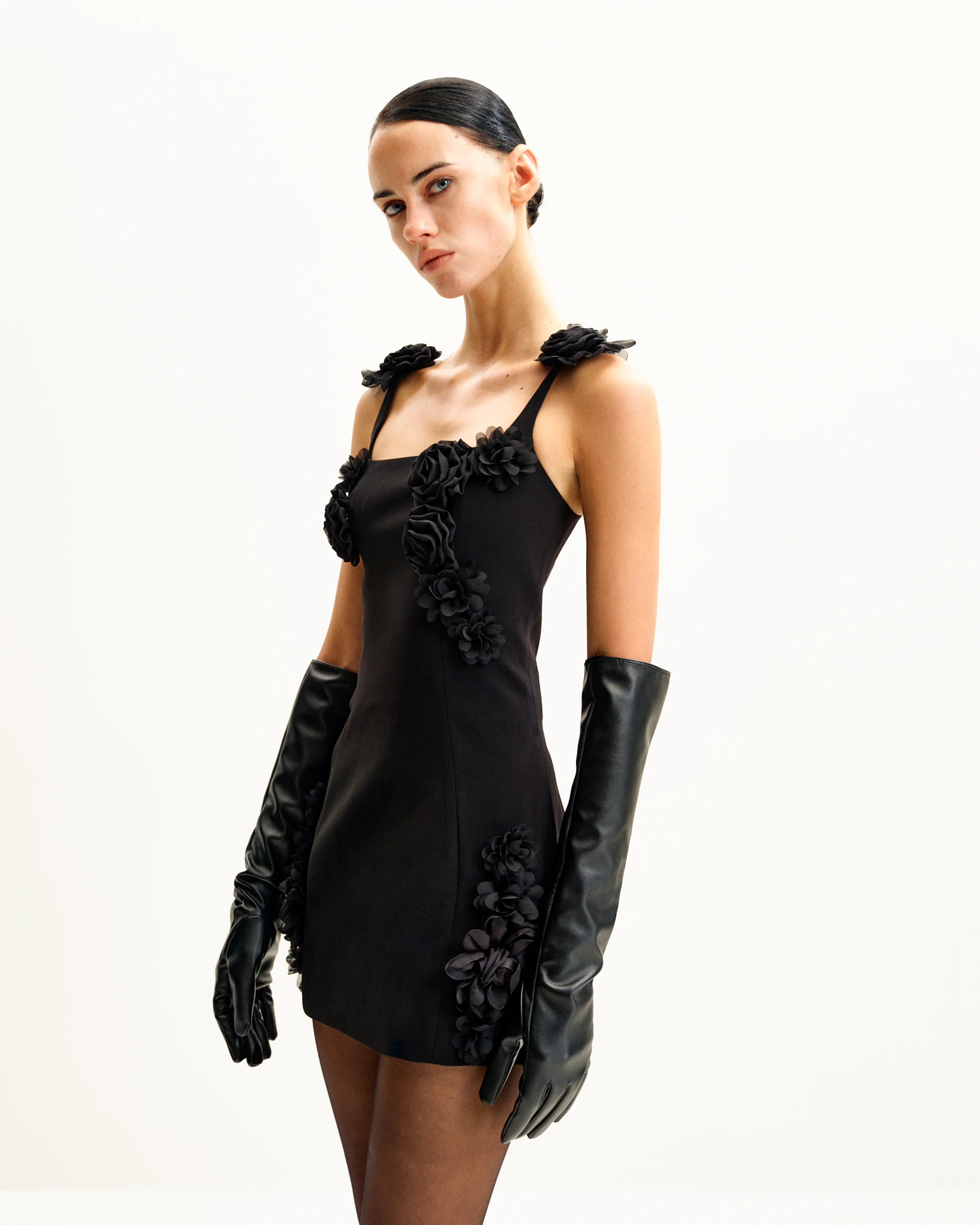 Elaina Black Rosette Applique Mini Dress - Black - FASHION NOB