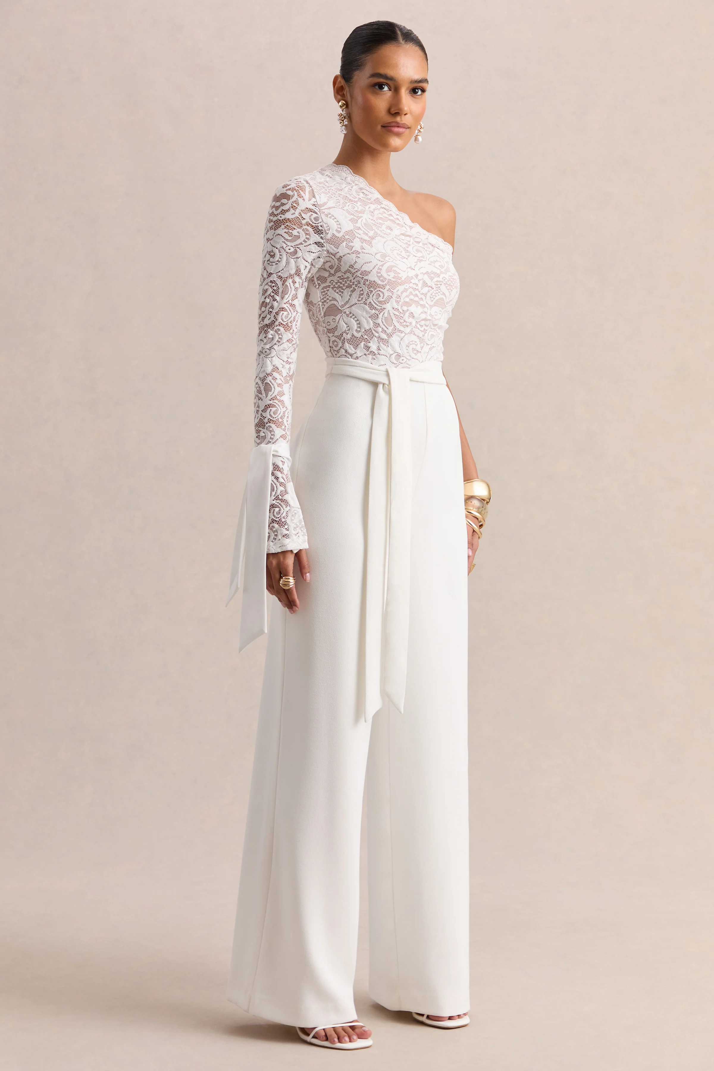 Clarence | White Lace Asymmetric-Neck Jumpsuit With Bow-Details