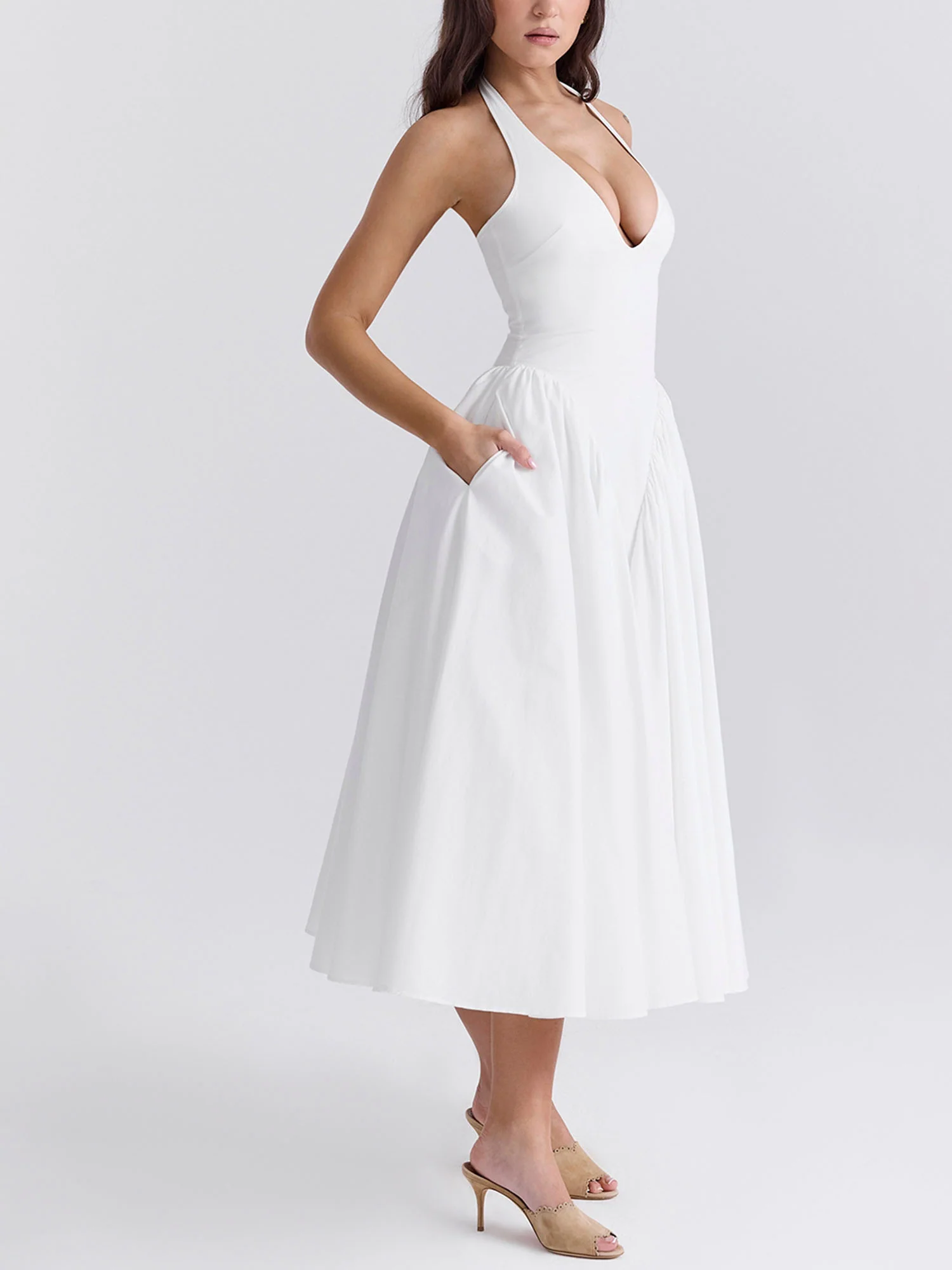 Pleated A-Line Halter Midi Dress