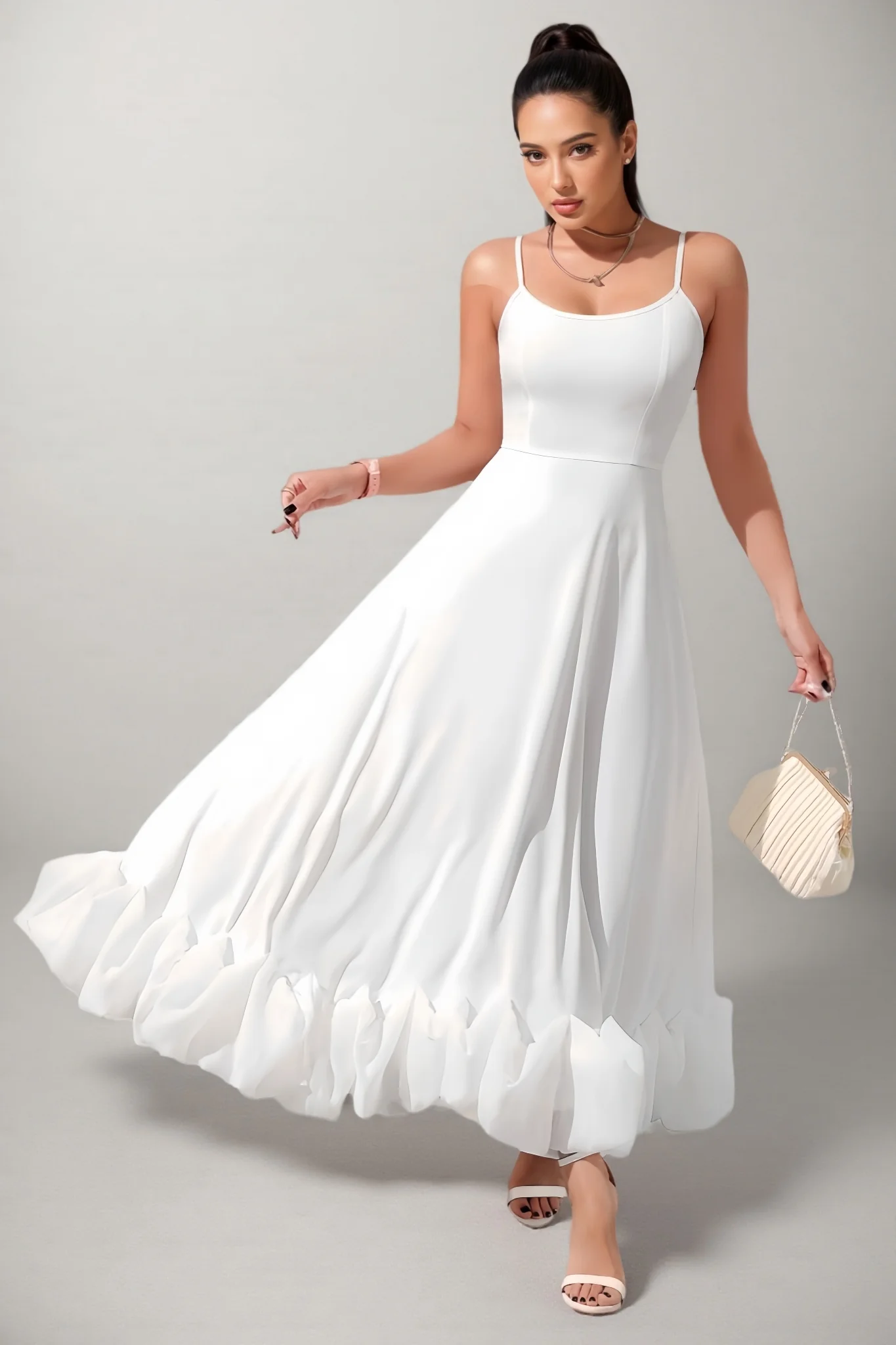 Avira U-Neck Large Hemline Maxi Dress-White