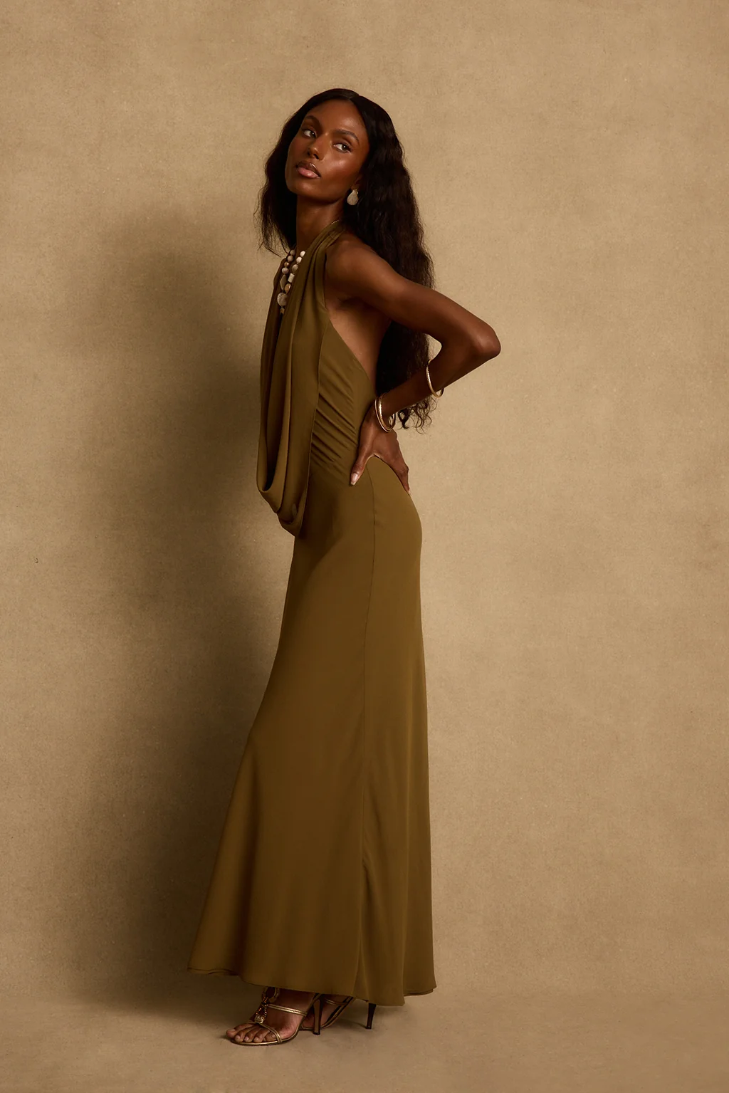 Zela Olive Cowl Maxi Dress