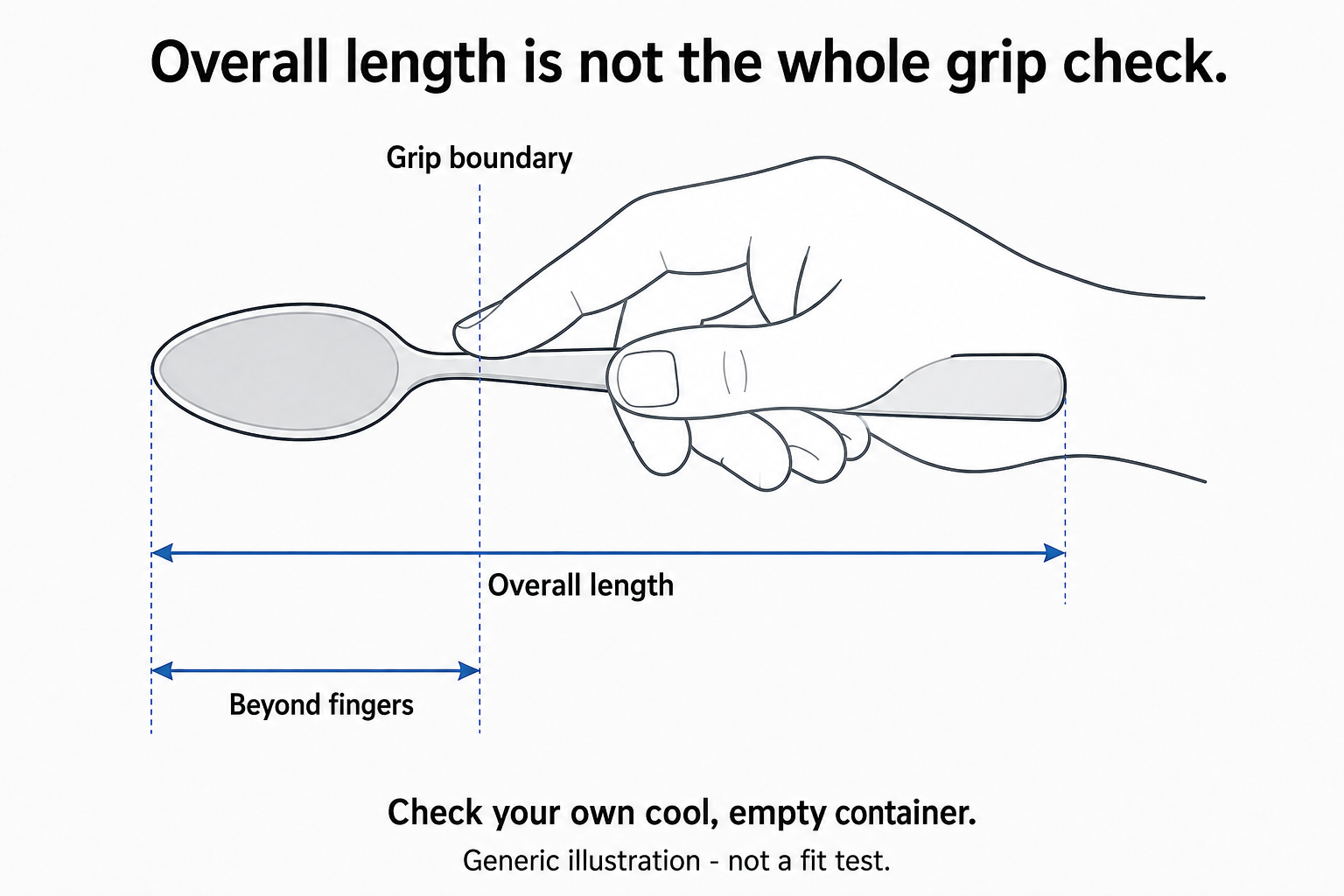 A generic spoon diagram marks a normal grip boundary and distinguishes overall length from the portion extending beyond the fingers.