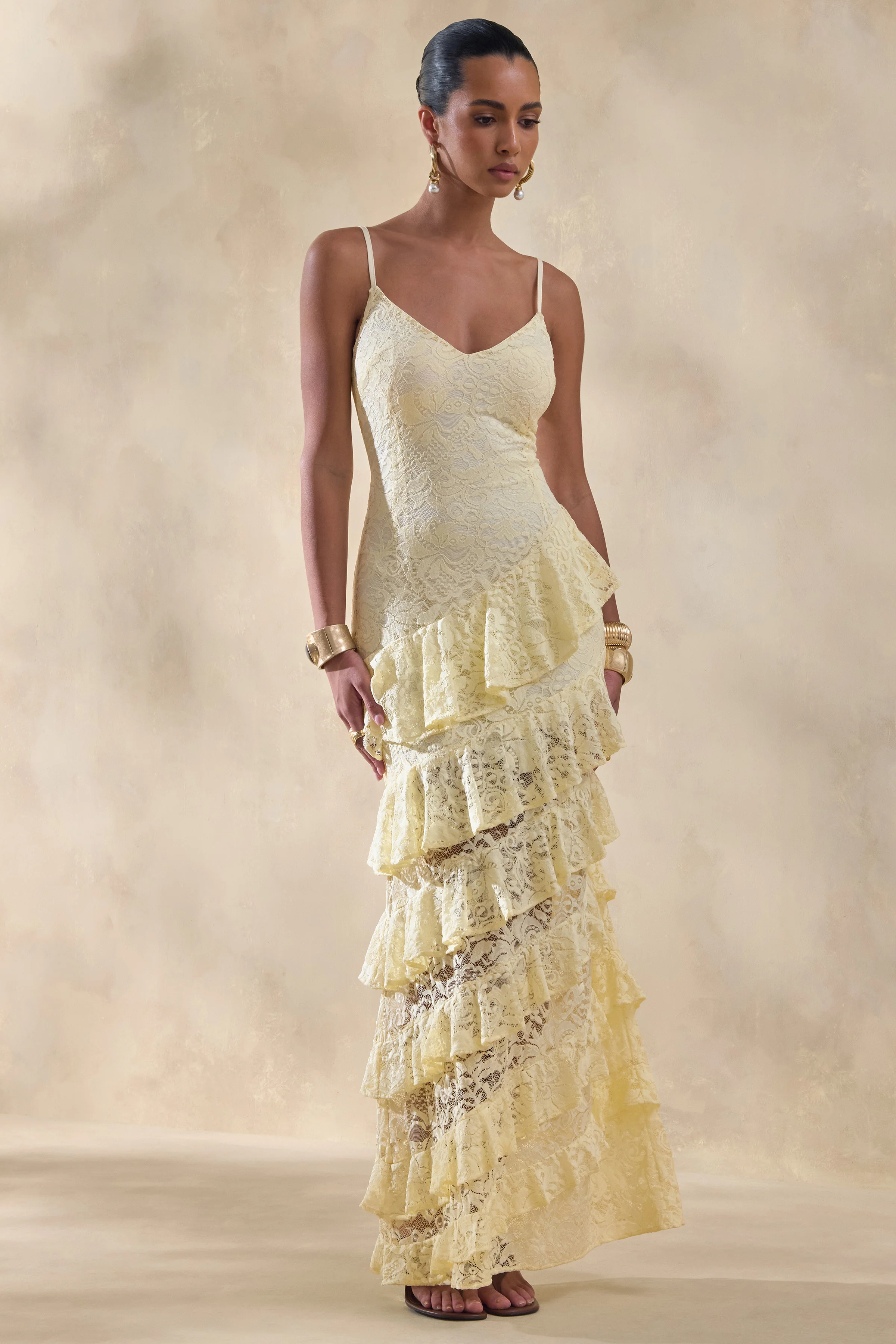 Avelisse | Lemon Lace Plunge-Neck Maxi Dress With Ruffled Detailing
