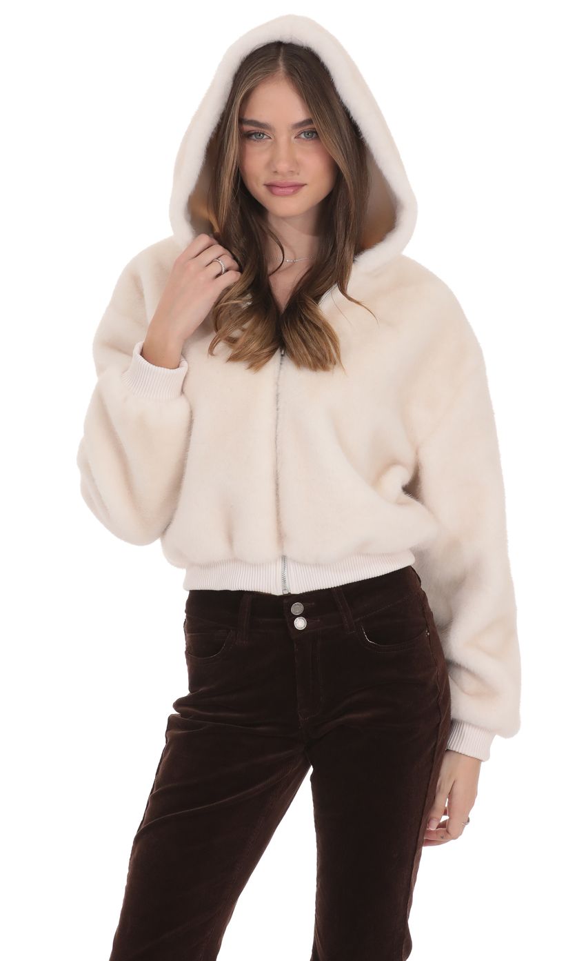 Fuzzy Zip-Up Hoodie in Ivory