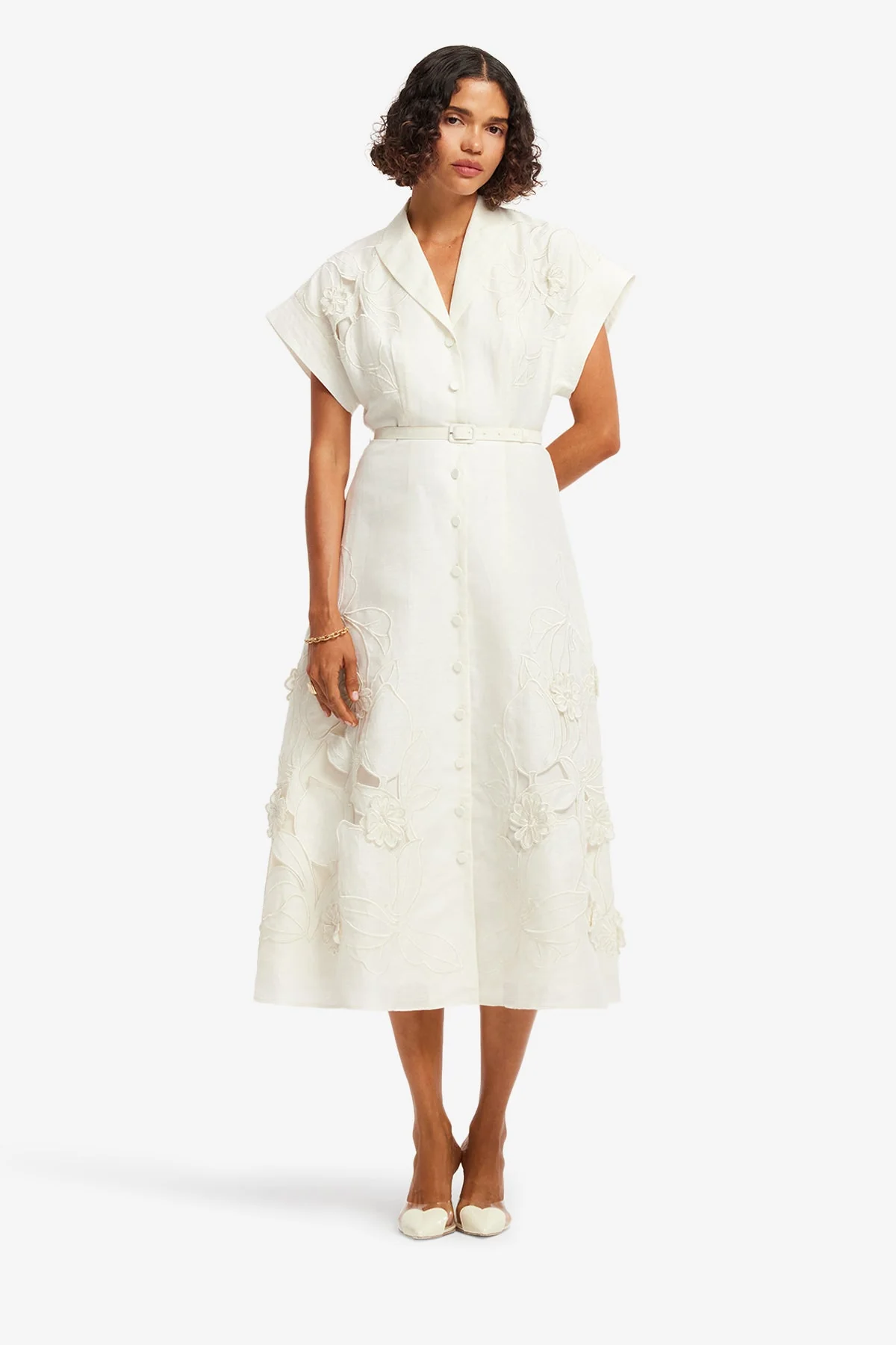 Aubrey Appliqué Shirt Midi Dress - Snow
