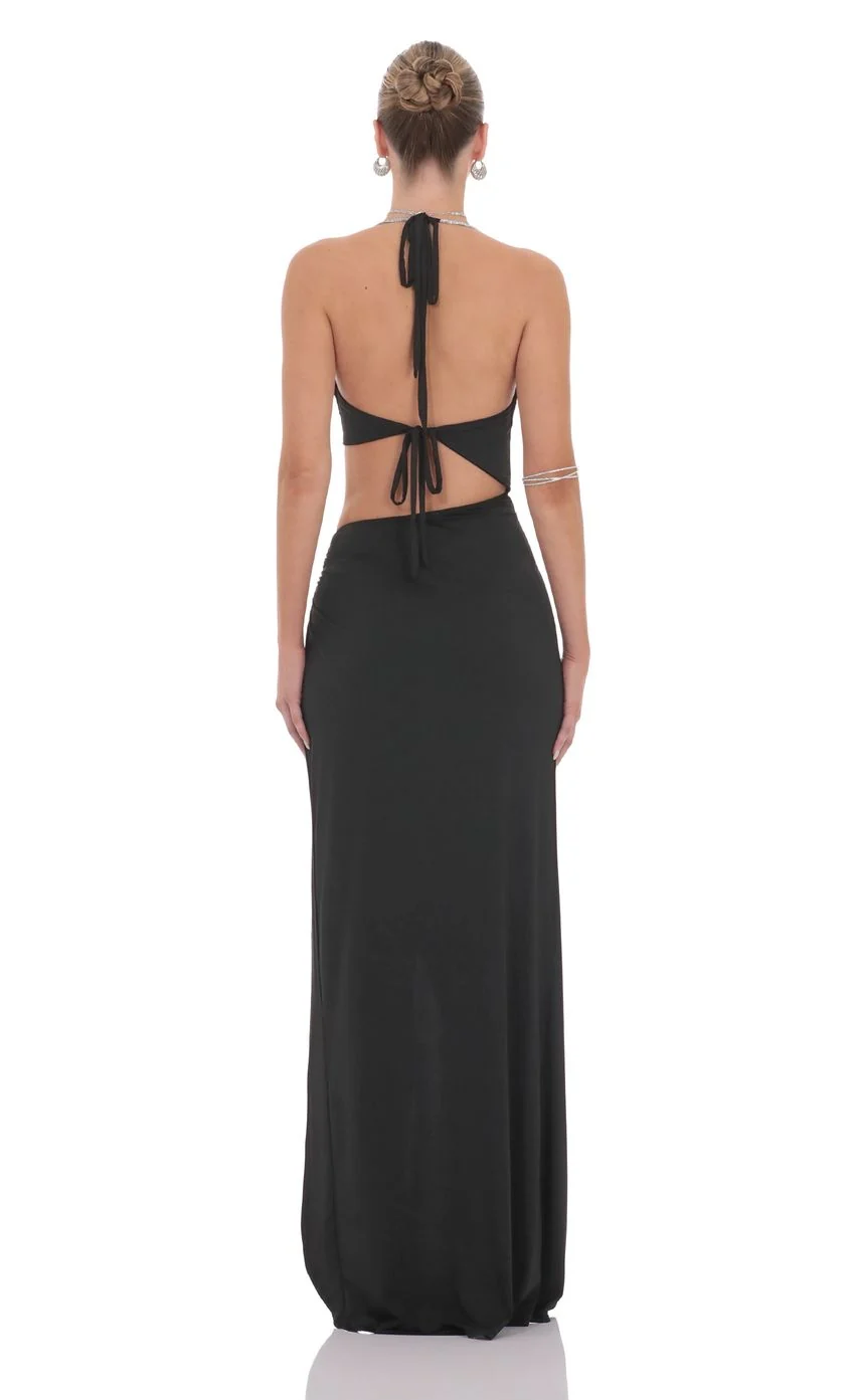 Rhinestone Cutout Maxi Dress in Black