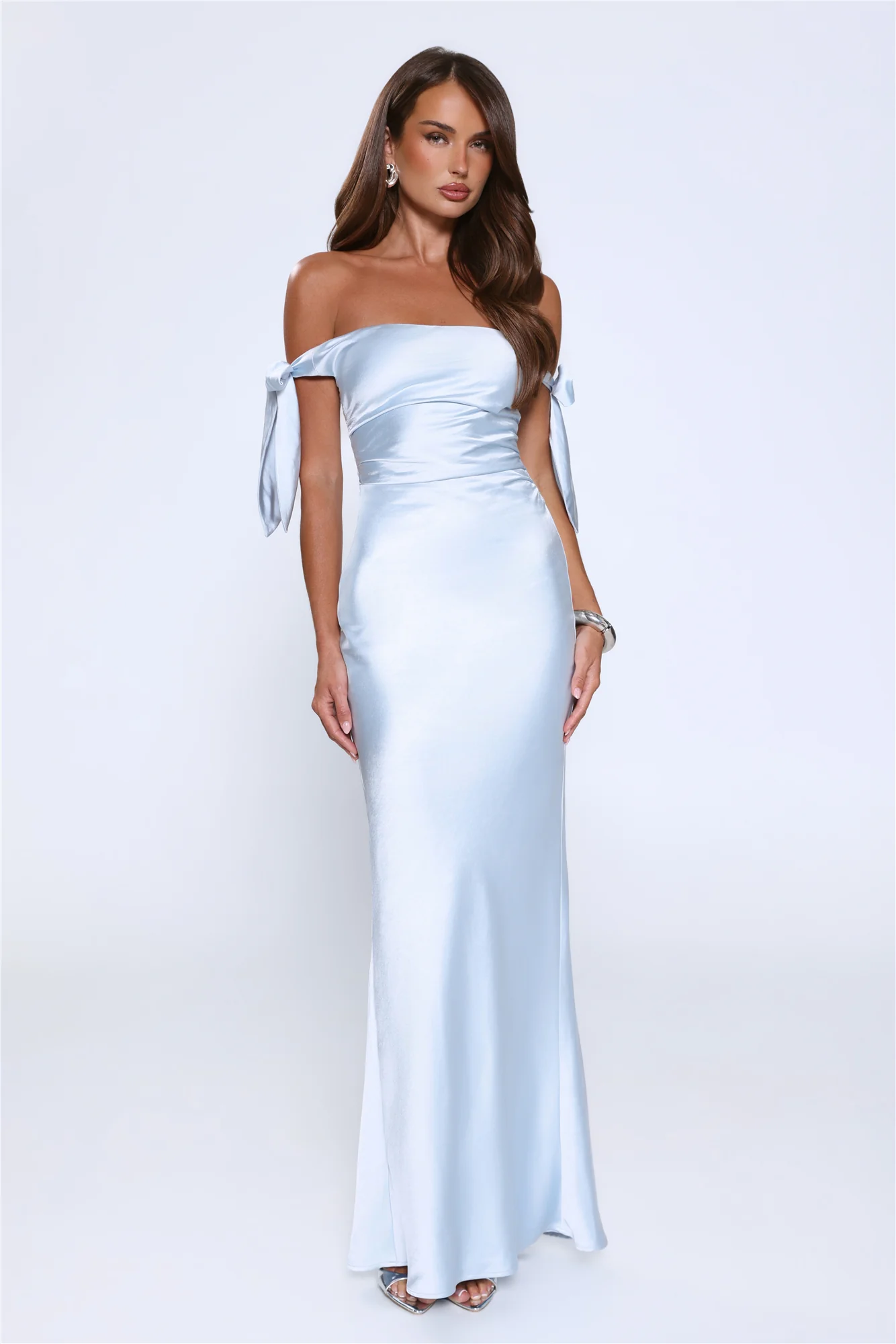 Flirty Intentions Off Shoulder Satin Maxi Dress Blue