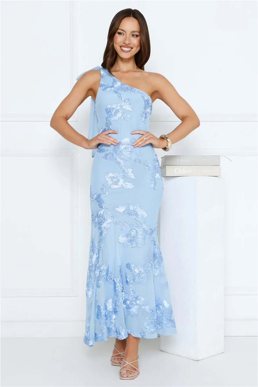 Glossy Girl One Shoulder Mesh Maxi Dress Blue