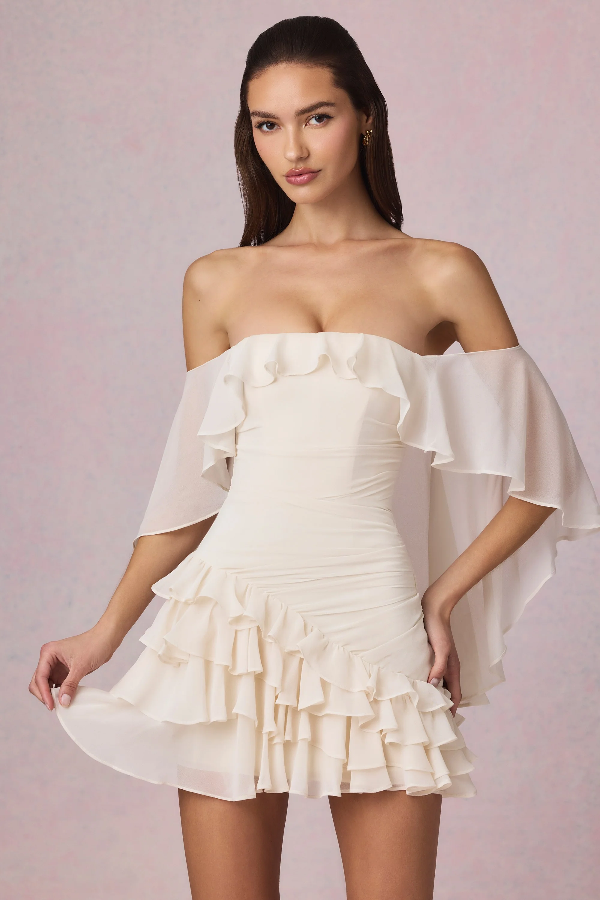 Off-Shoulder Ruffled Mini Dress in Ivory