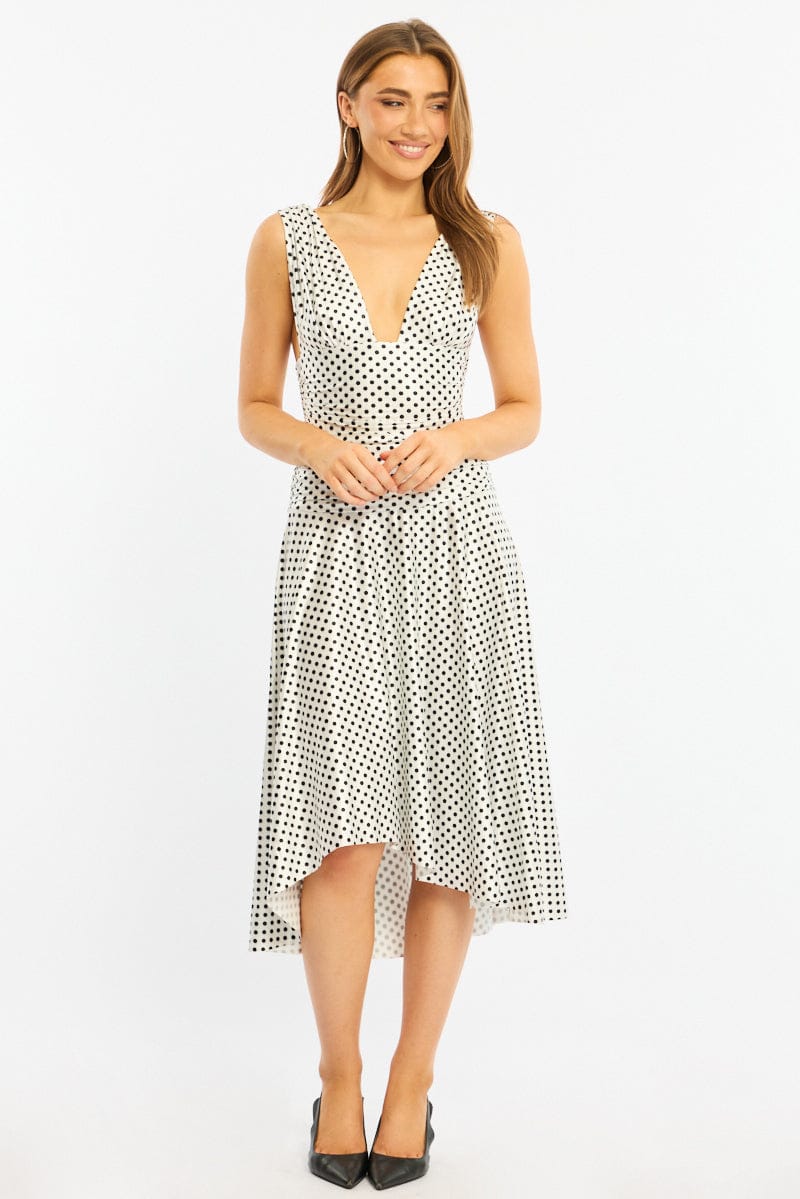 White Polka Dot Midi Dress Hanky Hem