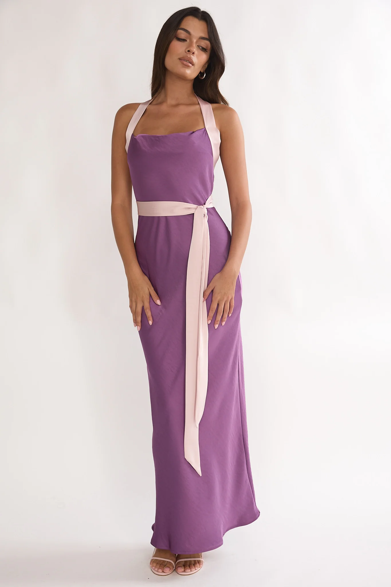 Elanah Waist Tie Halter Maxi Dress Grape - luluinthesky