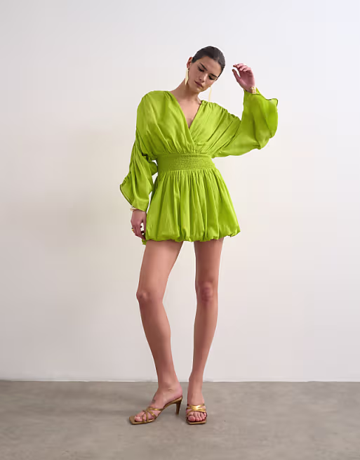Topshop cotton long sleeved deep plunge bubble hem mini dress in lime