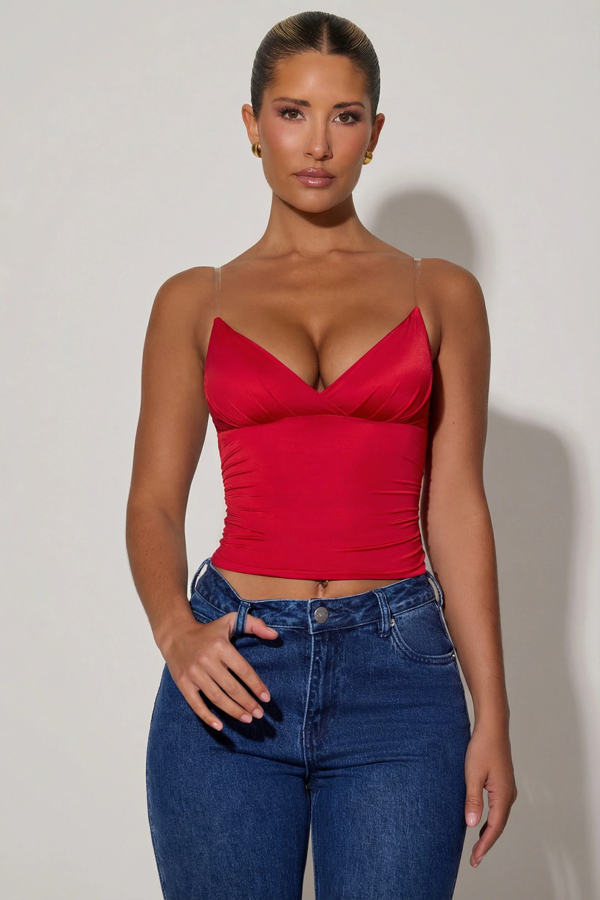 Ruched Plunge-Neck Camisole Top in Red